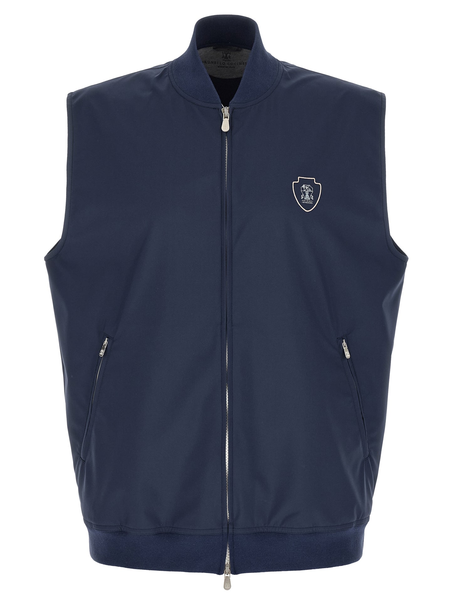 Vest by Brunello Cucinelli for men in nylon polyester polyurethane blue features a chic silhouette, expertly detailed with a refined high-neck neckline and premium breathable-design & pockets for a truly chic look.