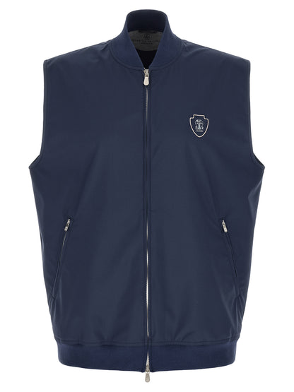 Vest by Brunello Cucinelli for men in nylon polyester polyurethane blue features a chic silhouette, expertly detailed with a refined high-neck neckline and premium breathable-design & pockets for a truly chic look.
