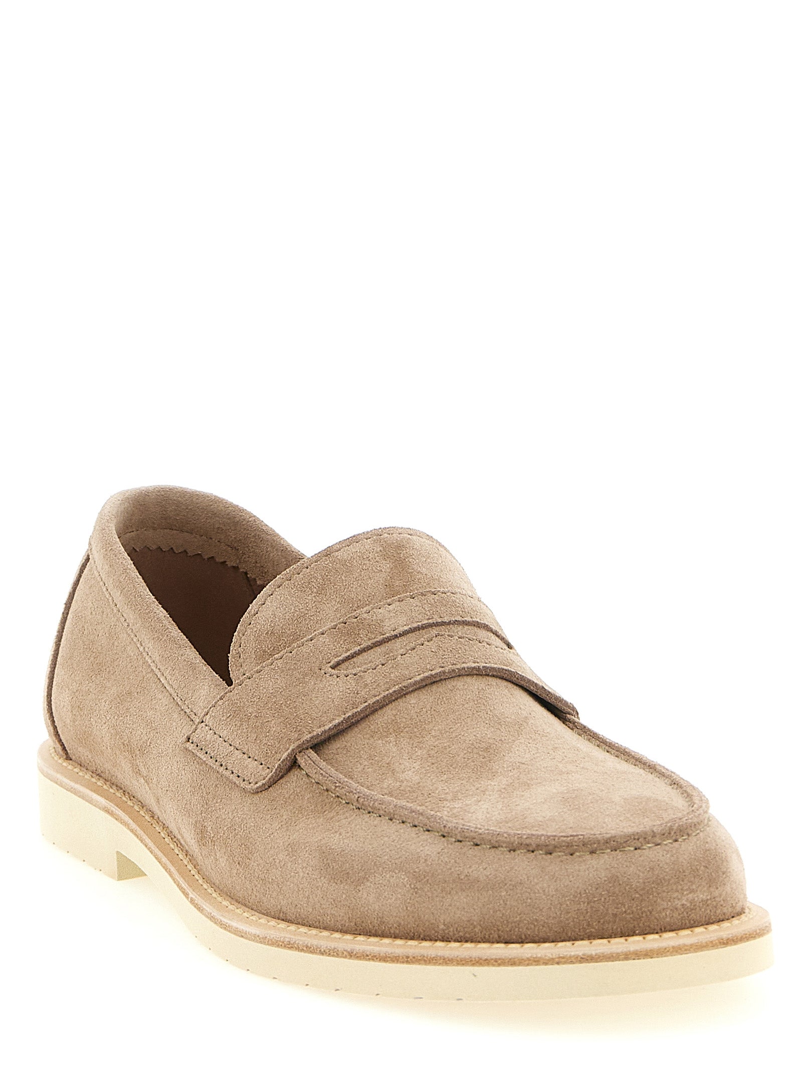 Loafer Slip-On Shoes by Brunello Cucinelli for men in tu & calfskin suede leather beige features an dynamic silhouette from the Men's TU & Calfskin Suede Leather Loafer Slip-On Shoes collection, defined by a dynamic and for a dynamic look.
