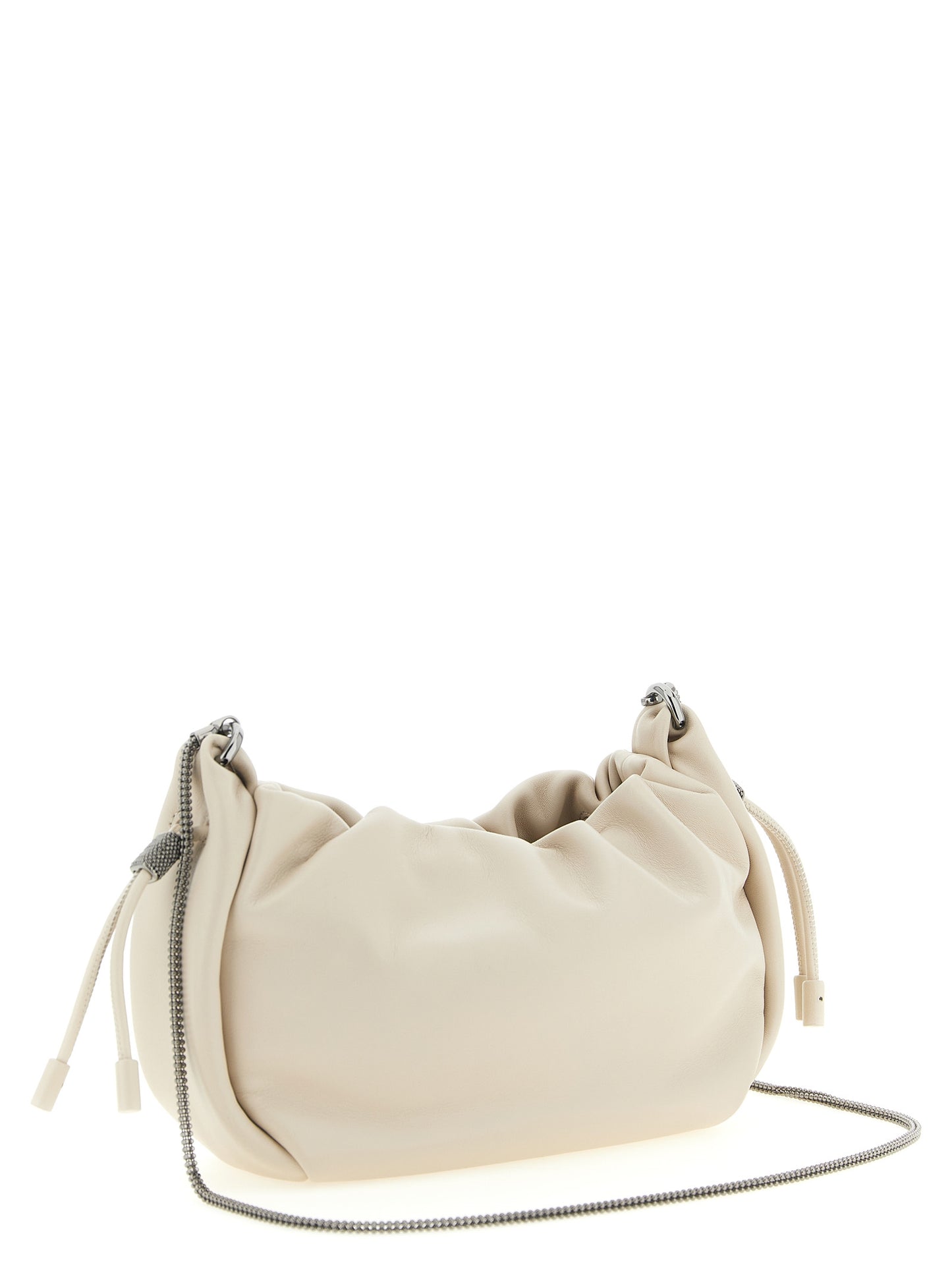 Mini Crossbody Bucket Handbag by Brunello Cucinelli for women in lamb leather gold, white & signature features a versatile chic silhouette, meticulously detailed with a secure drawstring, ample , and versatile crossbody-strap & shoulder-strap.