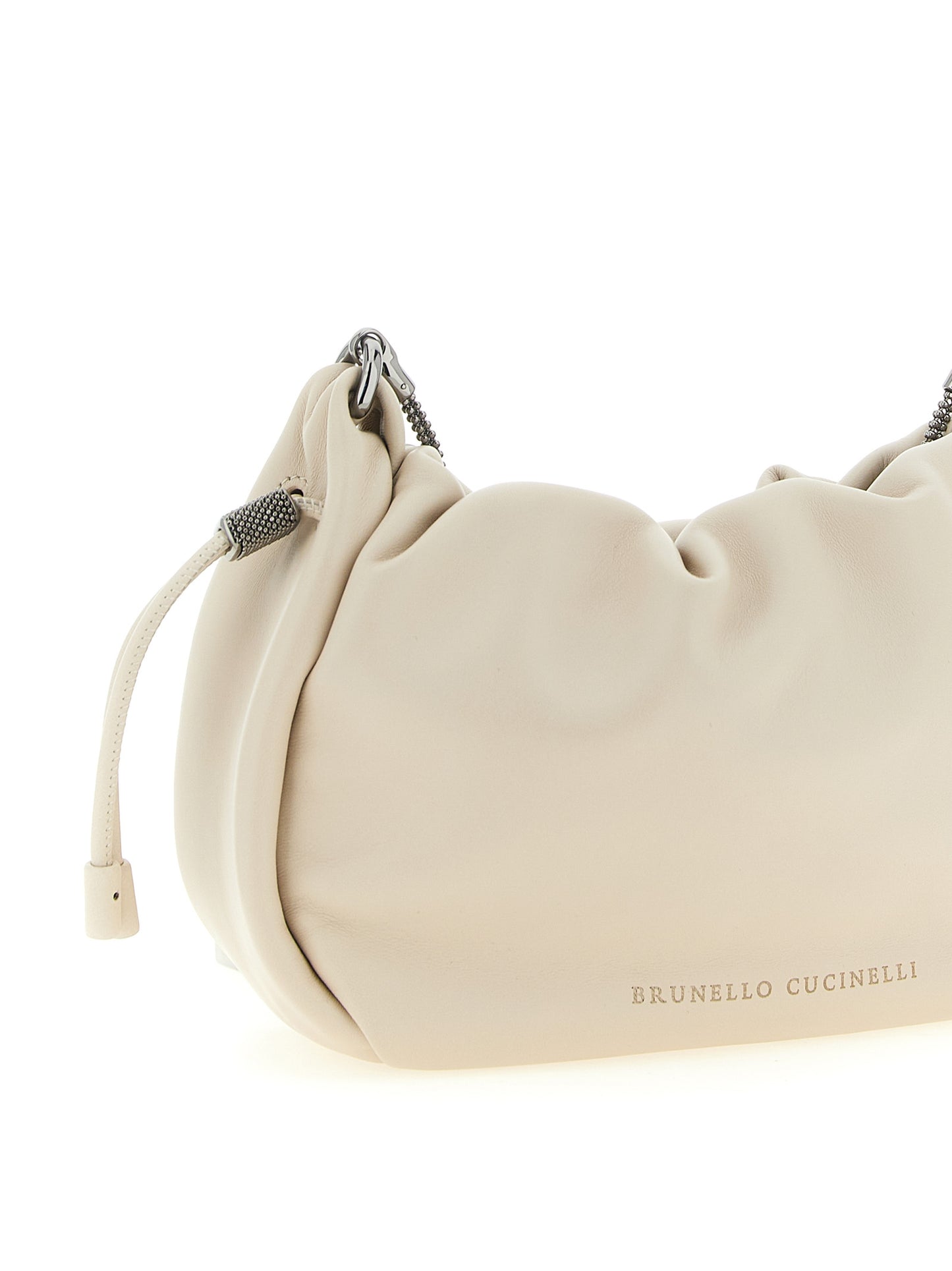 Mini Crossbody Bucket Handbag by Brunello Cucinelli for women in lamb leather gold, white & signature features a transformative sophistication silhouette, showcasing a secure drawstring, ample , and versatile crossbody-strap & shoulder-strap for a transformative sophistication look.