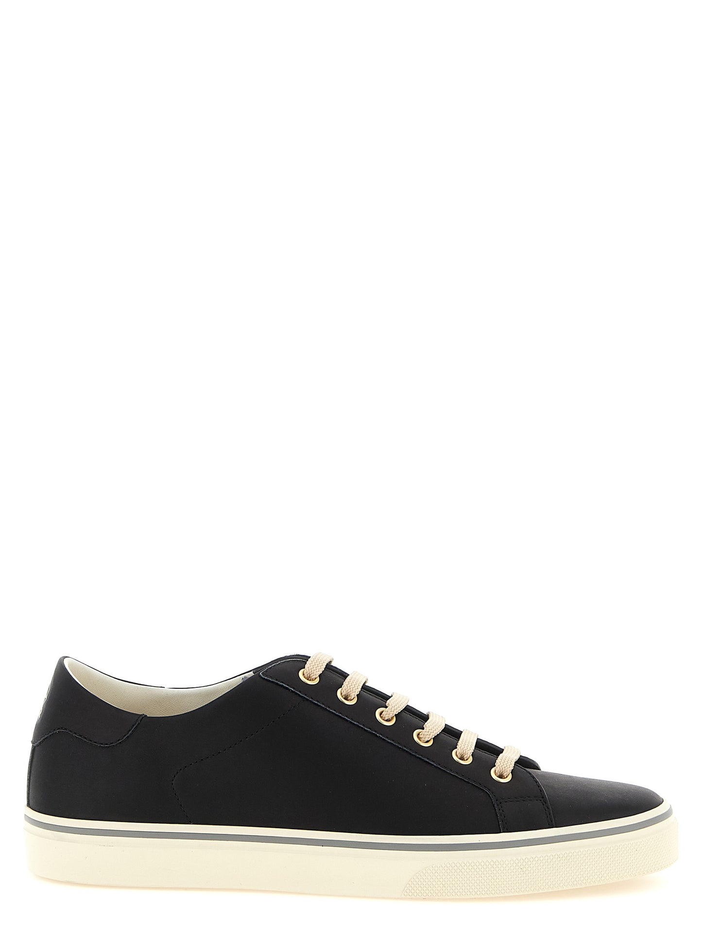 Sneakers by Brunello Cucinelli for men in calfskin leather black, gold & striped presents a sumptuous silhouette, artfully capturing the essence of the Men's Low Top Calfskin Leather Sneakers with its sumptuous low-top style design.