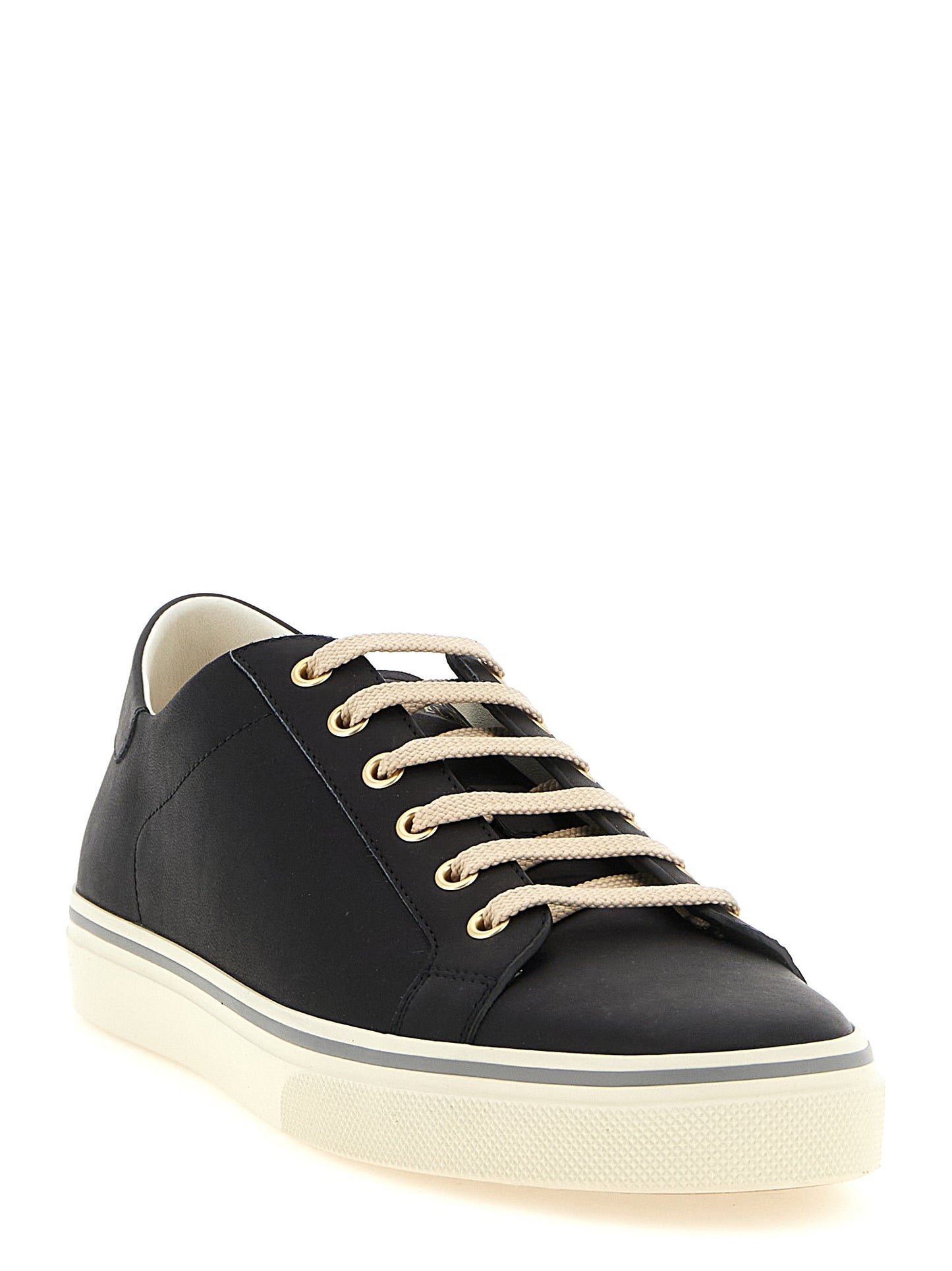 Sneakers by Brunello Cucinelli for men in calfskin leather black, gold & striped features an timeless silhouette from the Men's Low Top Calfskin Leather Sneakers collection, showcasing a signature low-top style with an timeless finish.