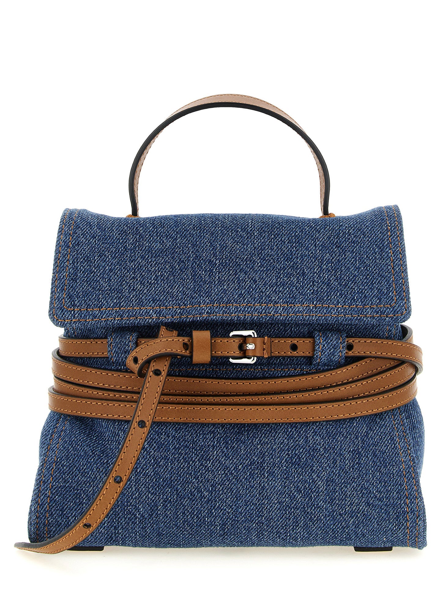Small Handbag by Moschino for women in calf leather & cotton blue & brown features a signature silhouette, showcasing a secure and signature with versatile shoulder-strap, handle & adjustable-strap for a sophisticated look.