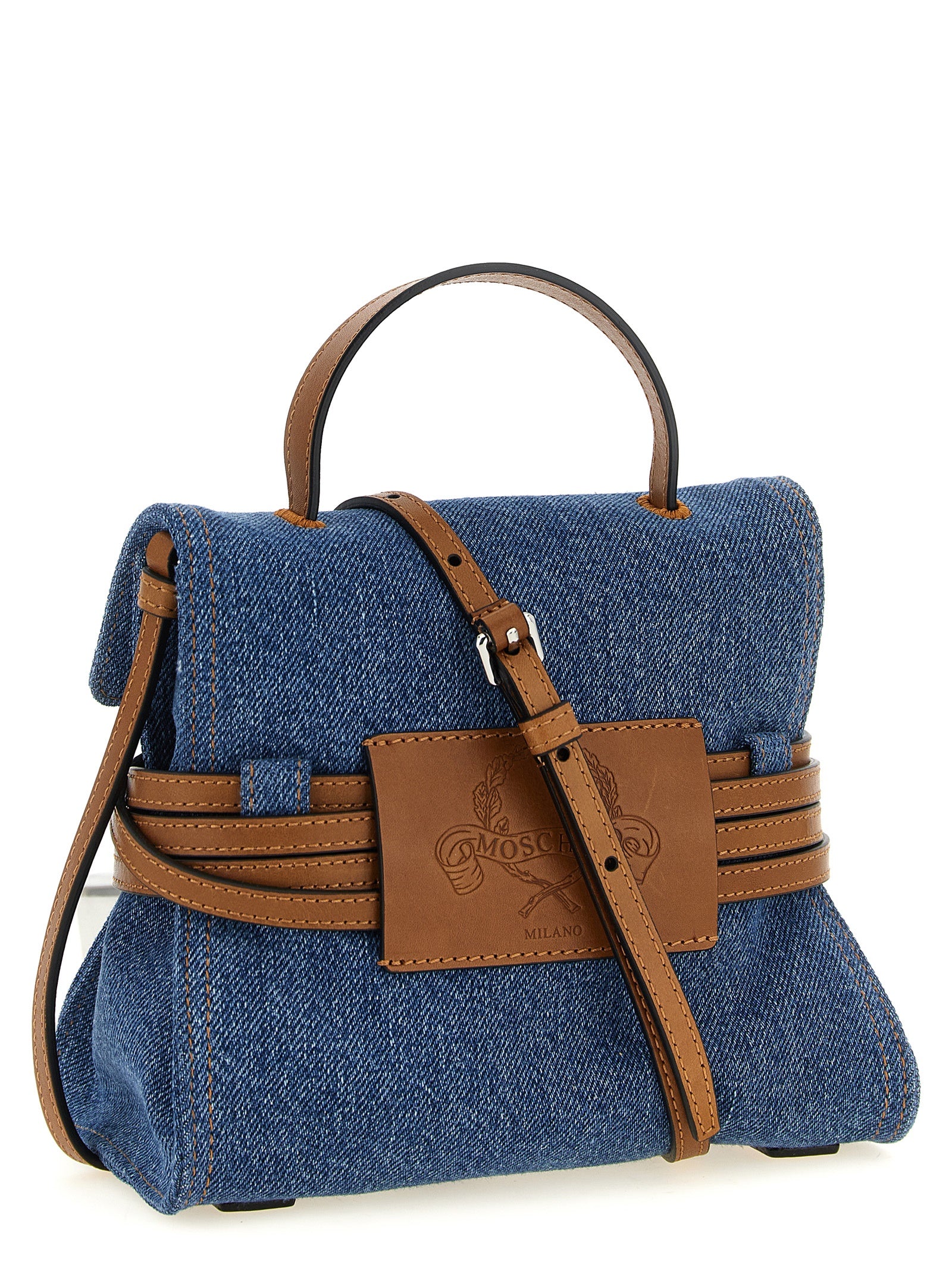 Small Handbag by Moschino for women in calf leather & cotton blue & brown features a exquisite silhouette, showcasing a secure and exquisite with versatile shoulder-strap, handle & adjustable-strap for a exquisite finish.