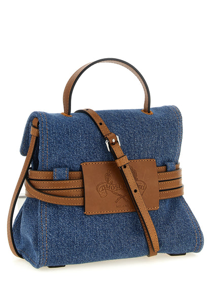 Small Handbag by Moschino for women in calf leather & cotton blue & brown features a exquisite silhouette, showcasing a secure and exquisite with versatile shoulder-strap, handle & adjustable-strap for a exquisite finish.