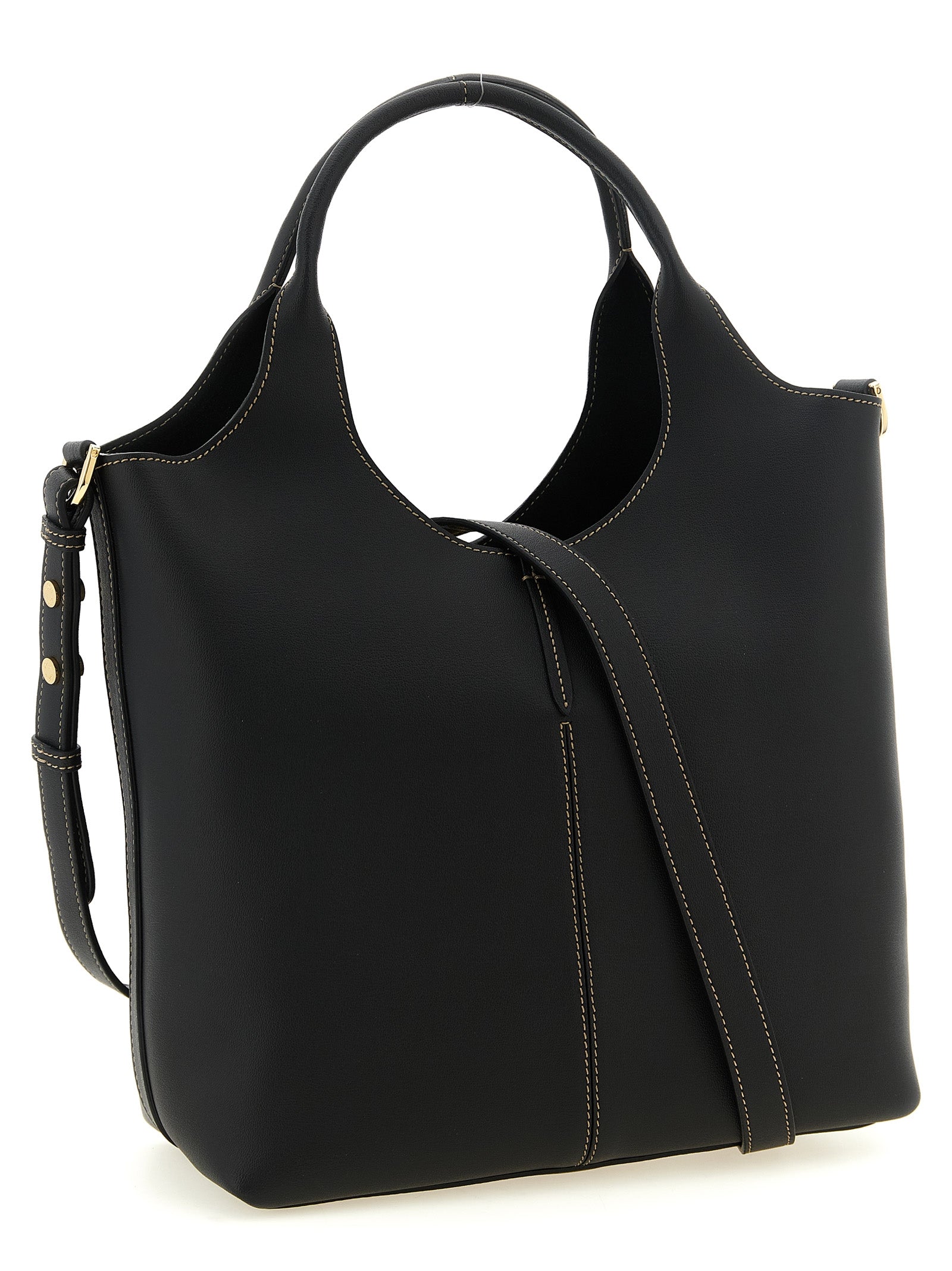 Small Tote Bag by Tod's for women in calfskin leather black & gold features an metropolitan chic Calfskin Leather Small Tote Bag design with a secure hook, metropolitan chic , and versatile shoulder-strap, handle & detachable-strap for a metropolitan chic look.