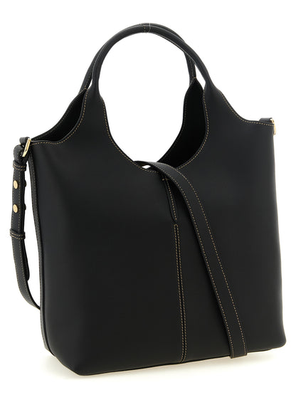Small Tote Bag by Tod's for women in calfskin leather black & gold features an metropolitan chic Calfskin Leather Small Tote Bag design with a secure hook, metropolitan chic , and versatile shoulder-strap, handle & detachable-strap for a metropolitan chic look.