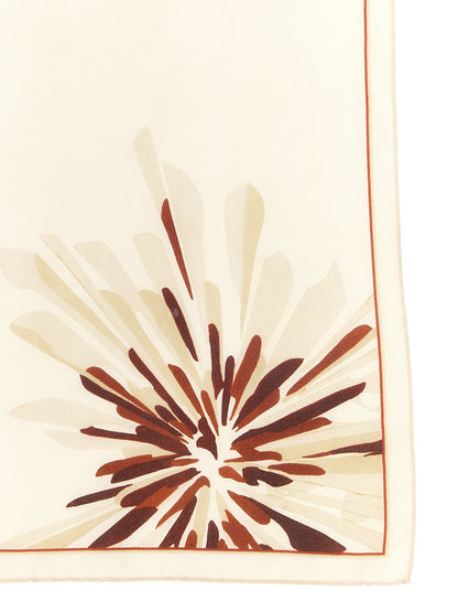 Scarf by Brunello Cucinelli for women in silk beige, floral & print features a timeless silhouette, artfully capturing the essence of the timeless Silk Scarf design for a sophisticated look.