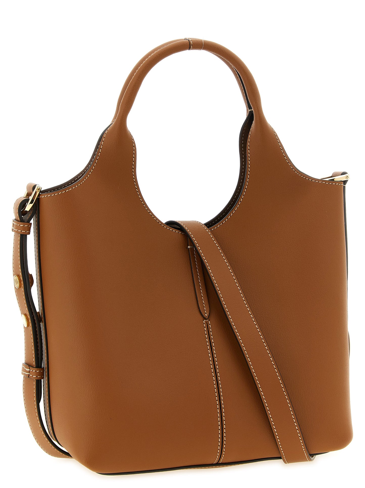 Mni Tote Bag by Tod's for women in calfskin leather brown & gold features a jet-set Calfskin Leather Mni Tote Bag design, complete with a secure , ample , and versatile shoulder-strap & handle for a jet-set look.