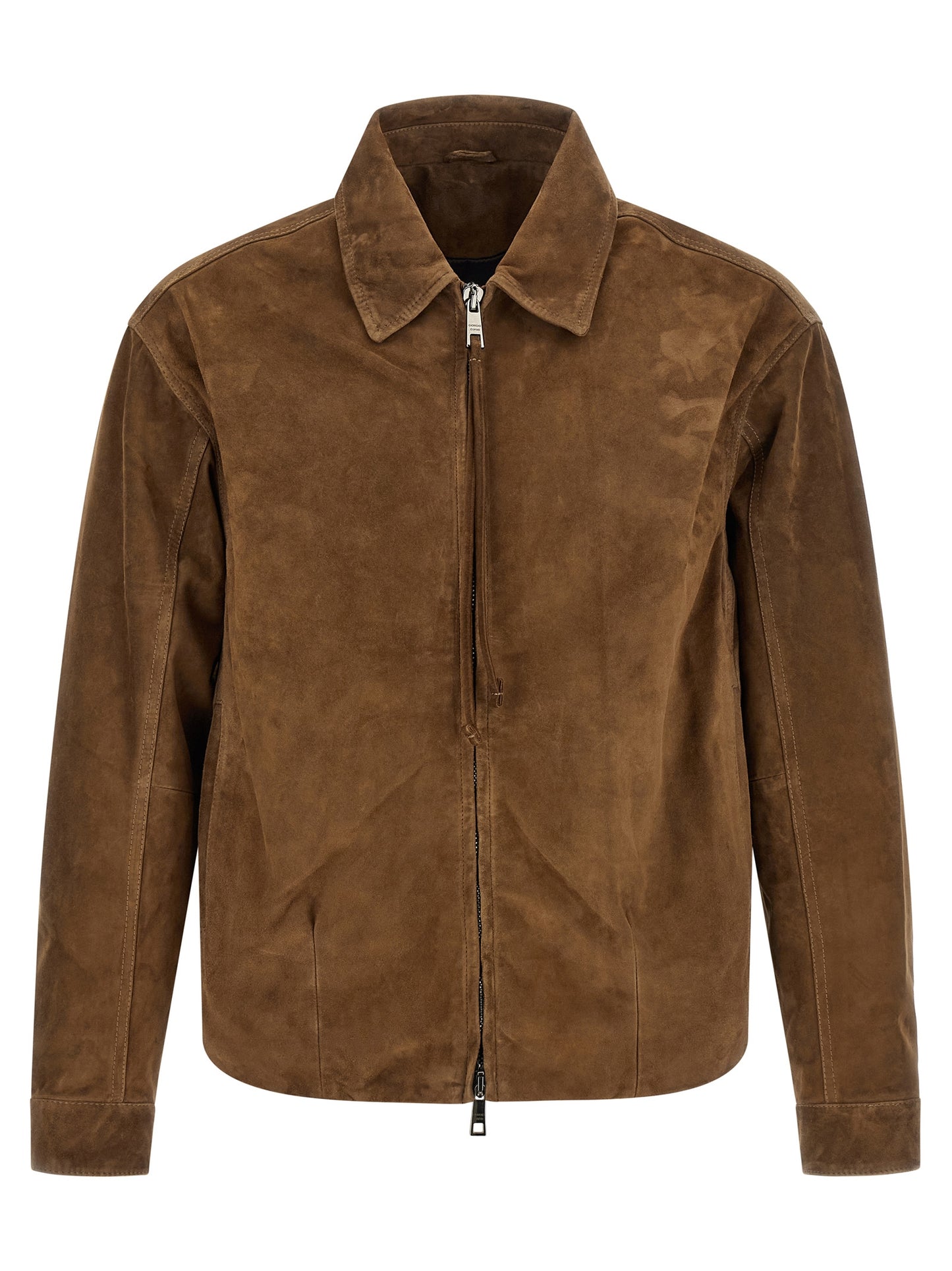 Jacket by GIORGIO BRATO for men in bos taurus suede calfskin leather brown showcases a contemporary silhouette, detailed with a contemporary shirt-collar neckline and premium for a sophisticated finish.