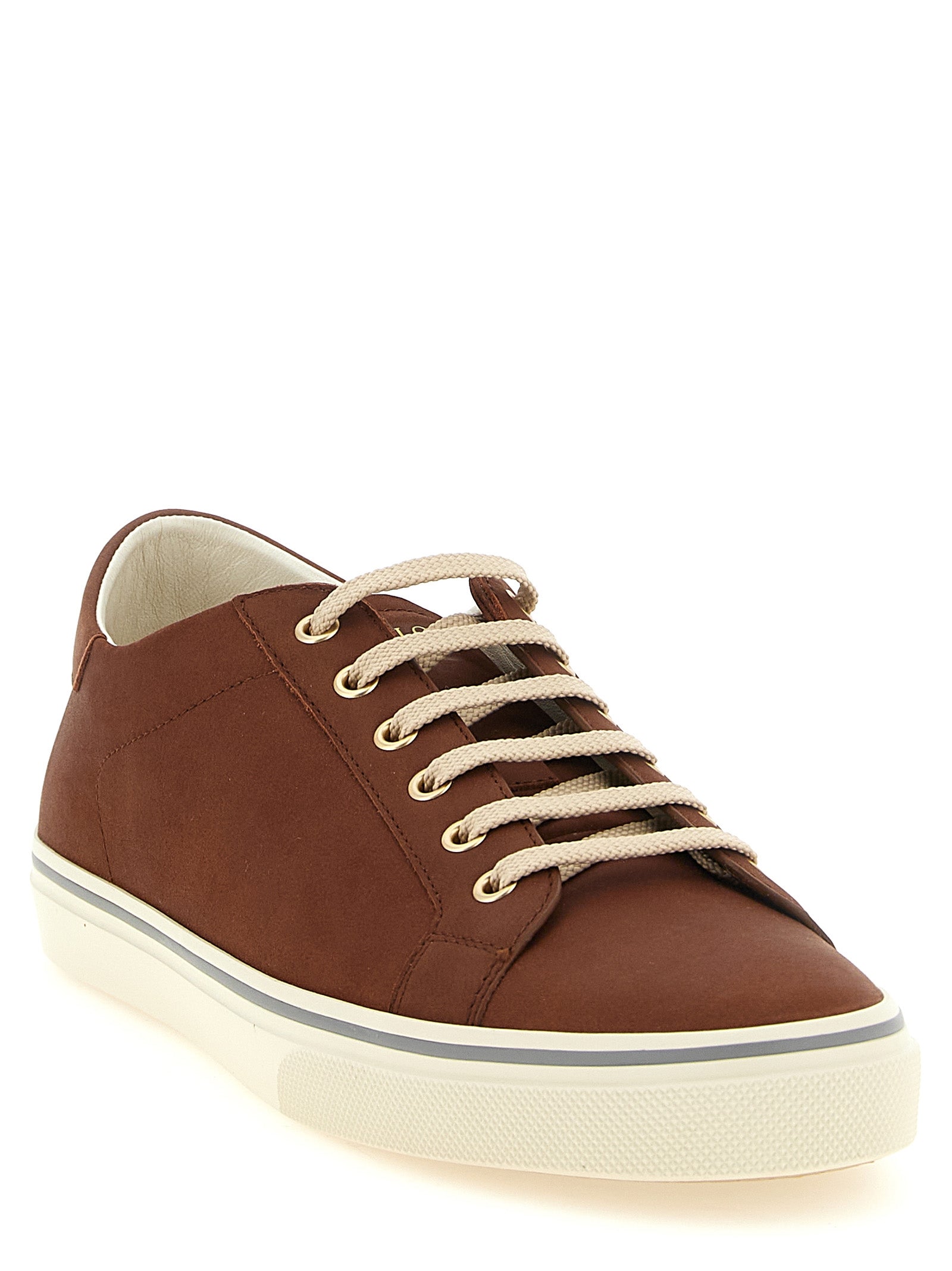 Sneakers by Brunello Cucinelli for men in bos taurus calfskin leather brown & gold presents a on trend silhouette from the Men's Low Top Bos Taurus Calfskin Leather Sneakers collection, showcasing a on trend low-top style for an elevated aesthetic.