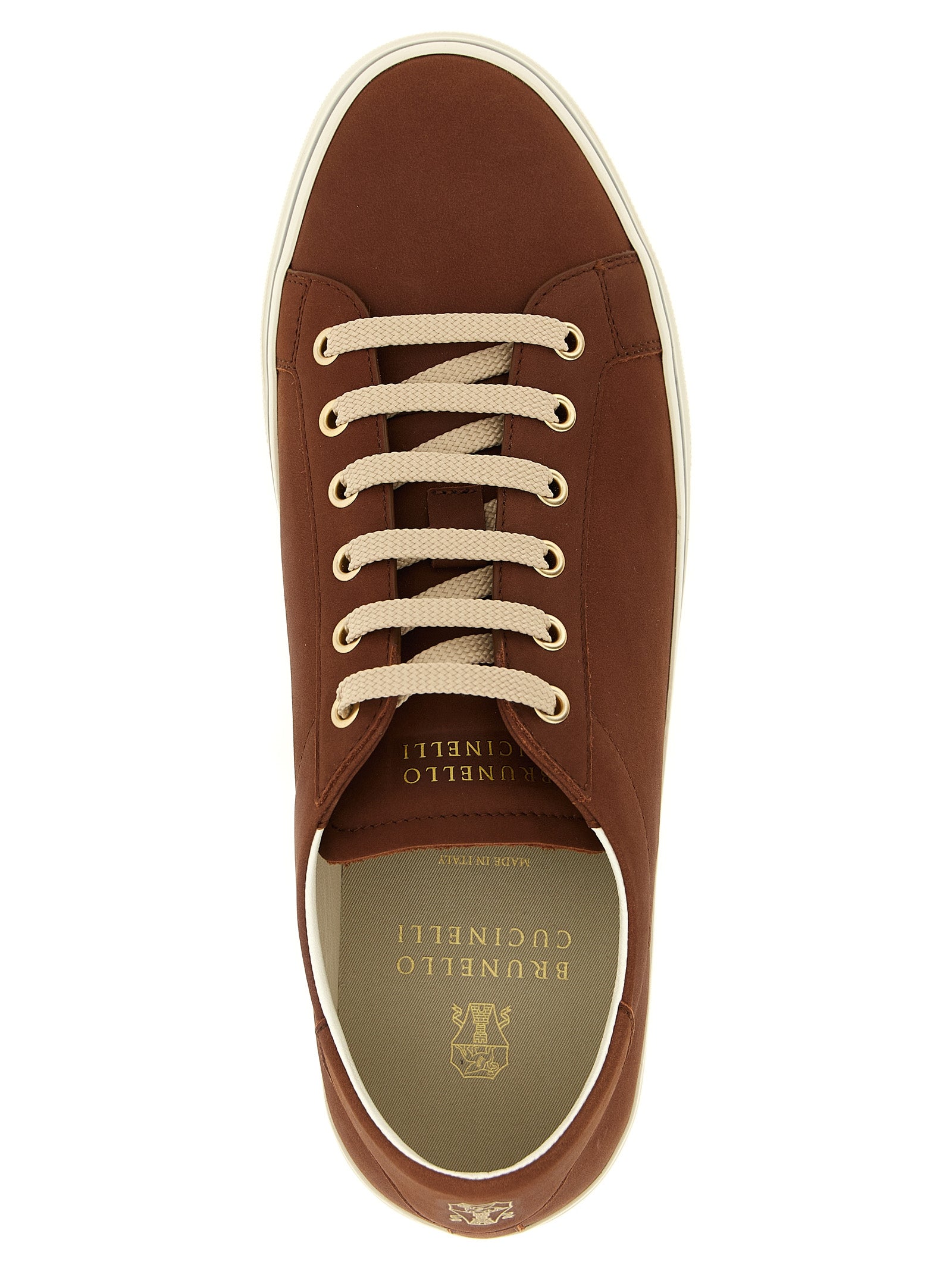 Sneakers by Brunello Cucinelli for men in bos taurus calfskin leather brown & gold features an fashionable silhouette, showcasing the premium Men's Low Top Bos Taurus Calfskin Leather Sneakers in a fashionable low-top style that offers a fashionable finish for refined style.
