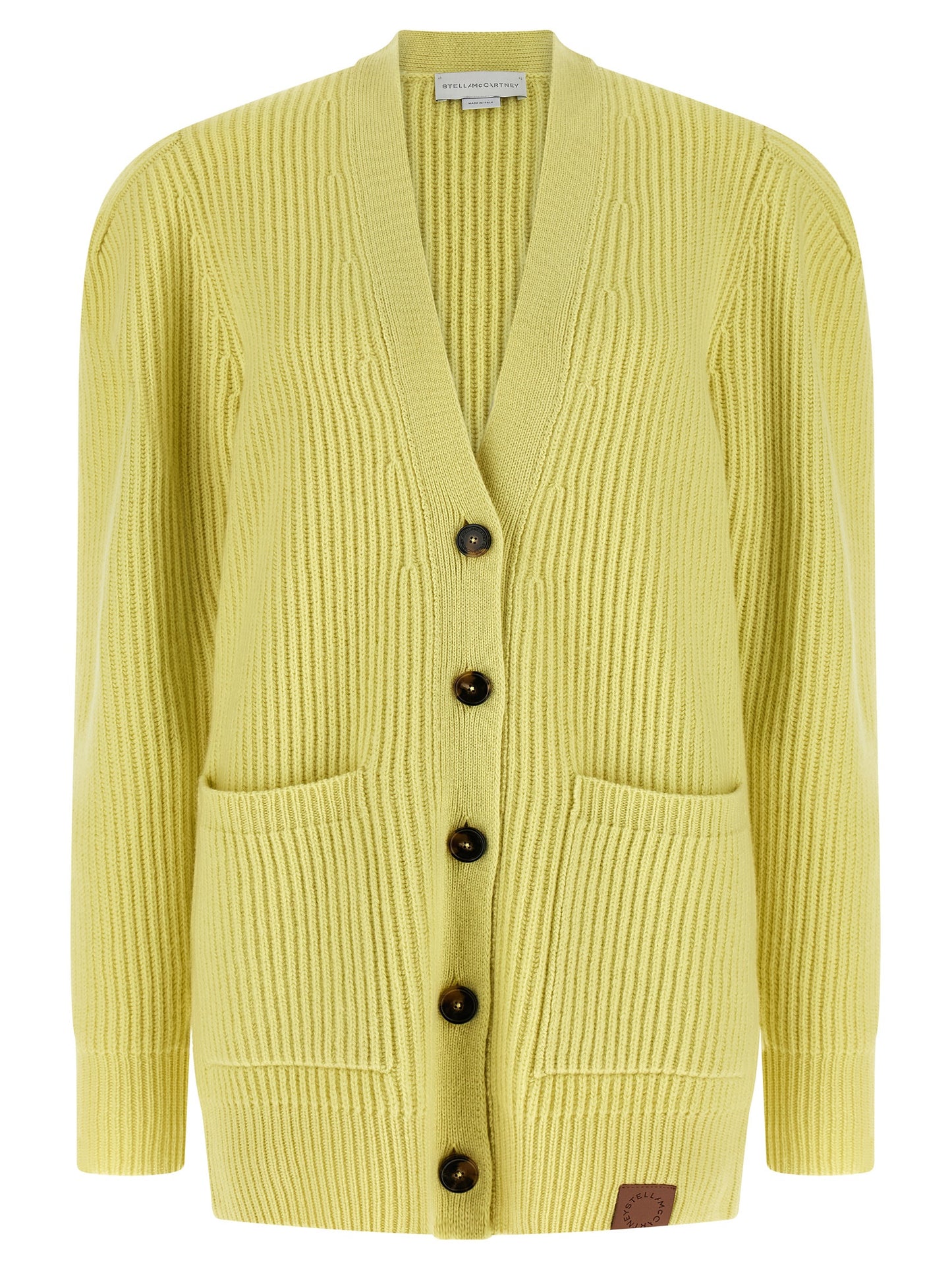 Cardigan by Stella McCartney for women in virgin wool & leather bicolour & yellow features a nuanced silhouette with a refined v-neck neckline and nuanced long-sleeve detailing for a sophisticated look.