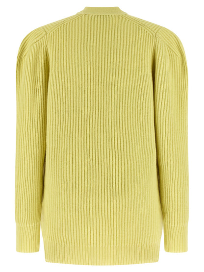 Cardigan by Stella McCartney for women in virgin wool & leather bicolour & yellow features an impeccable silhouette, showcasing a sophisticated v-neck neckline and detail for a truly impeccable finish.