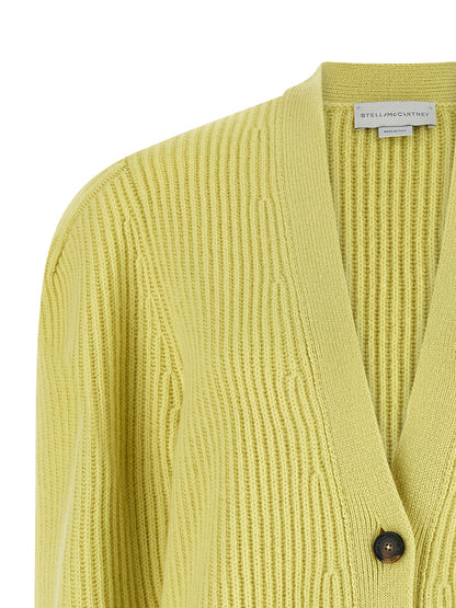 Cardigan by Stella McCartney for women in virgin wool & leather bicolour & yellow features an crisp silhouette, showcasing a sophisticated v-neck neckline and detail for a truly crisp finish.