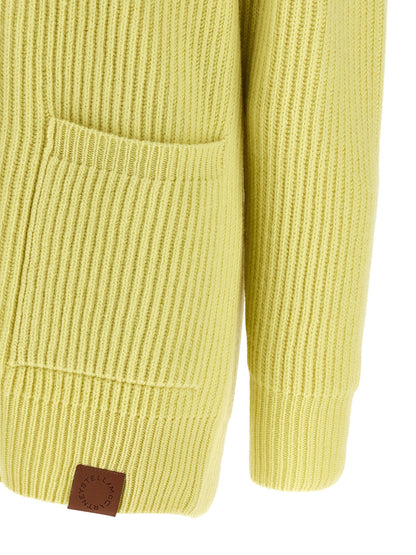 Cardigan by Stella McCartney for women in virgin wool & leather bicolour & yellow presents a textural silhouette, artfully finished with a textural and for a sophisticated, textural look.