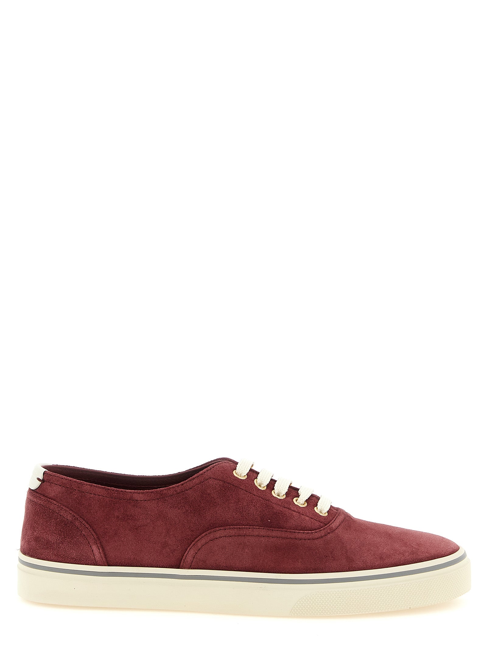 Sneakers by Brunello Cucinelli for men in suede calfskin leather bordeaux, burgundy & gold presents a on trend silhouette from the Men's Low Top Suede Calfskin Leather Sneakers collection, showcasing a on trend low-top style for an elevated aesthetic.