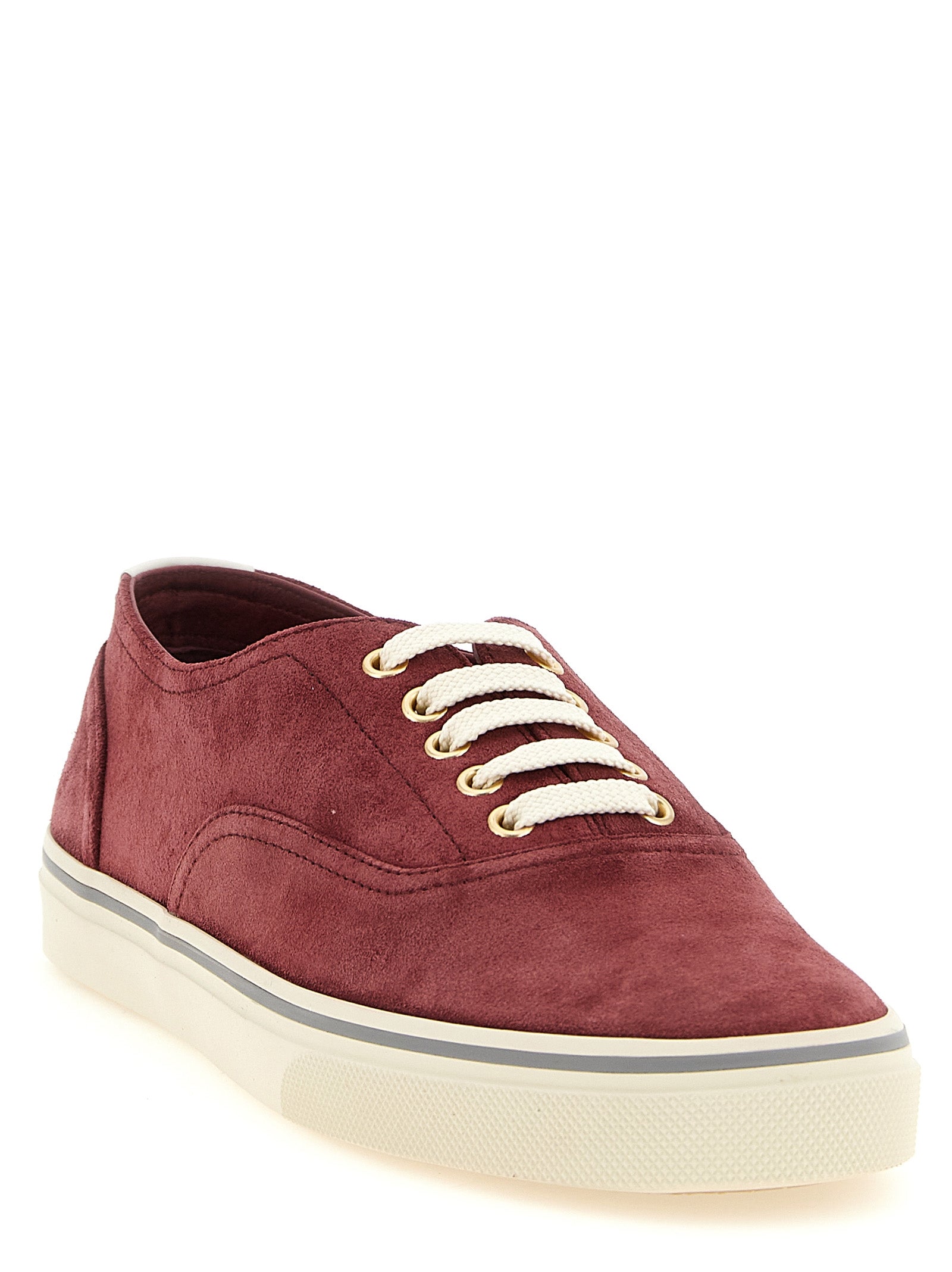 Sneakers by Brunello Cucinelli for men in suede calfskin leather bordeaux, burgundy & gold features an fashionable silhouette, showcasing the premium Men's Low Top Suede Calfskin Leather Sneakers in a fashionable low-top style that offers a fashionable finish for refined style.