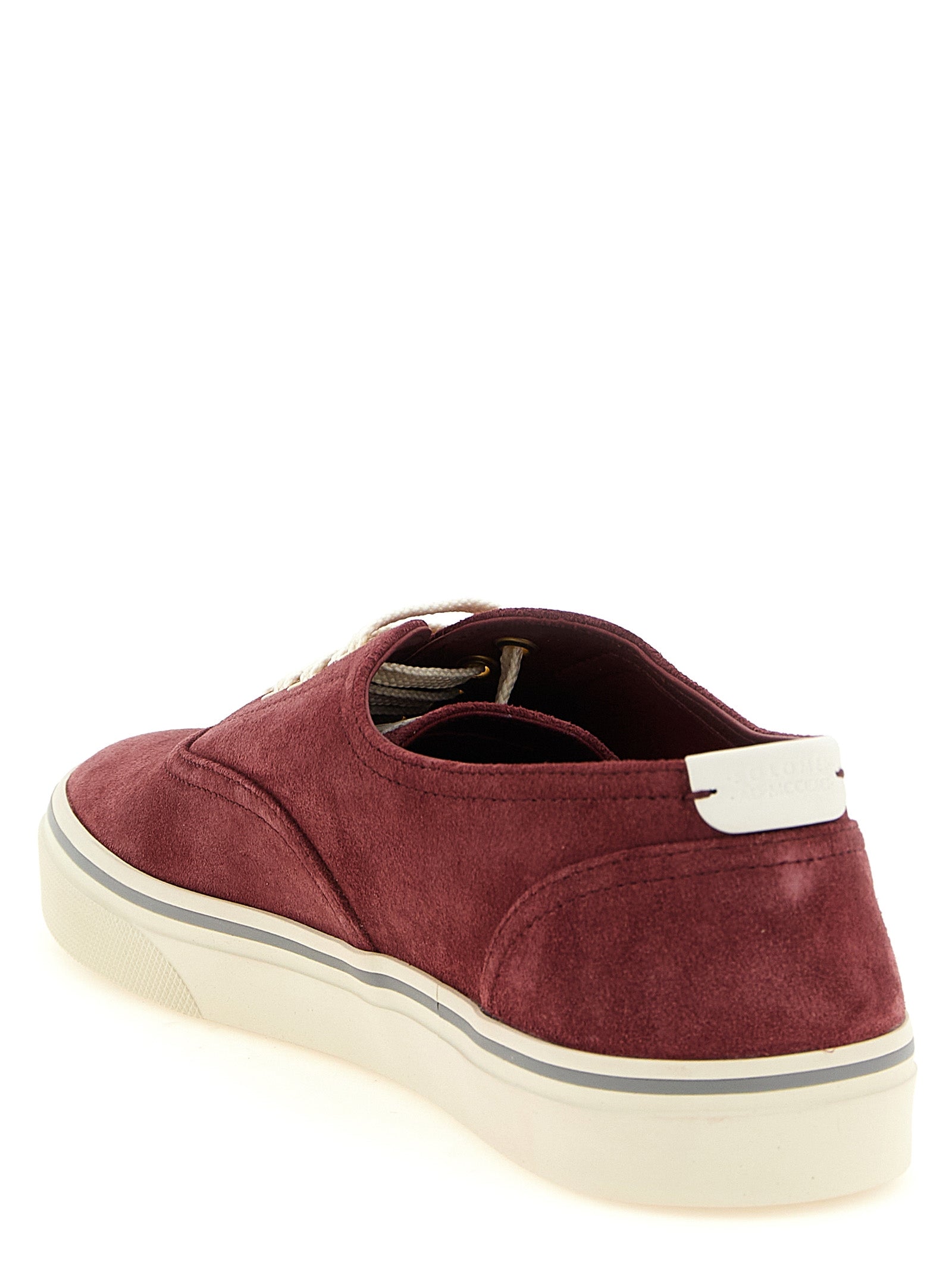 Sneakers by Brunello Cucinelli for men in suede calfskin leather bordeaux, burgundy & gold features a chic design, perfectly showcasing the chic low-top style of this Men's Low Top Suede Calfskin Leather Sneakers.