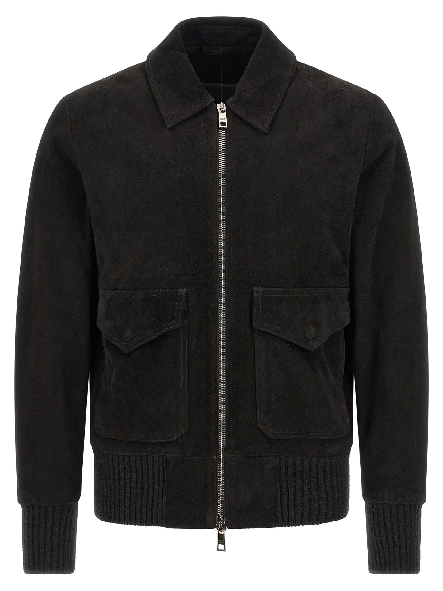 Jacket by GIORGIO BRATO for men in suede lamb leather black & silver features an utilitarian silhouette with a refined shirt-collar neckline, showcasing sophisticated pockets for an utilitarian aesthetic.