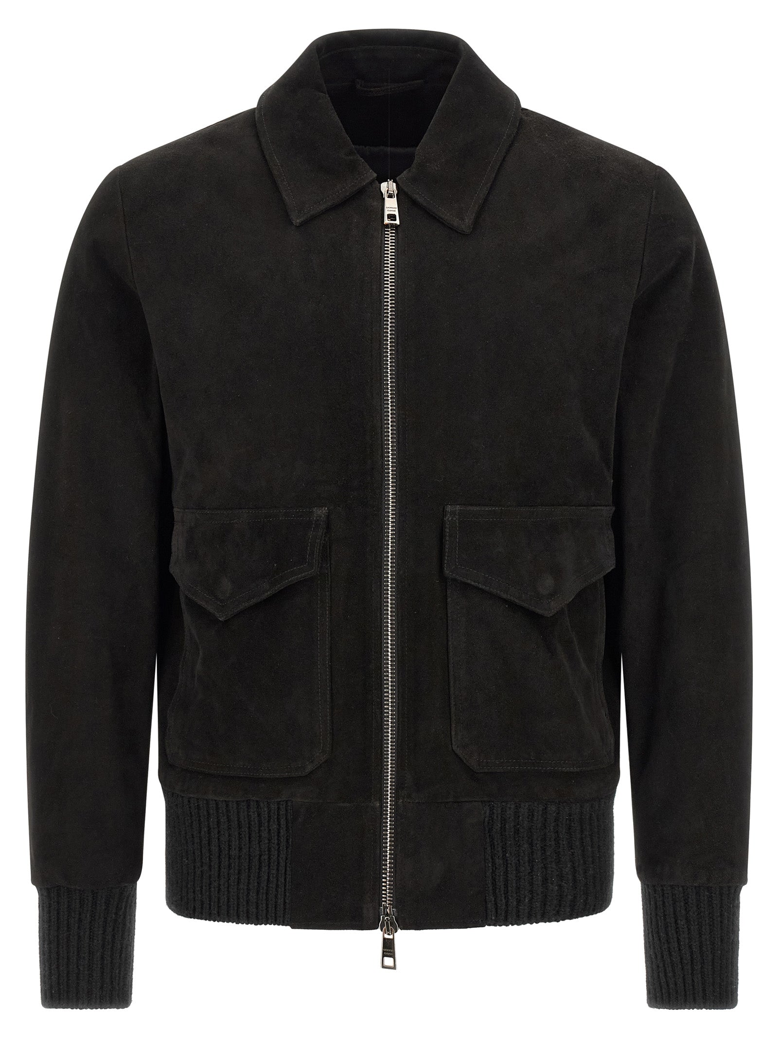Jacket by GIORGIO BRATO for men in suede lamb leather black & silver features an utilitarian silhouette with a refined shirt-collar neckline, showcasing sophisticated pockets for an utilitarian aesthetic.