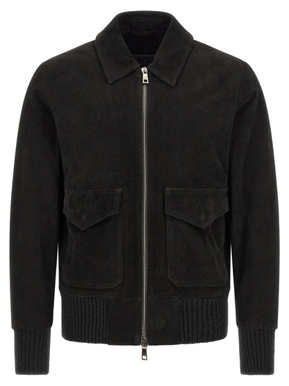 Jacket by GIORGIO BRATO for men in suede lamb leather black & silver features an utilitarian silhouette with a refined shirt-collar neckline, showcasing sophisticated pockets for an utilitarian aesthetic.