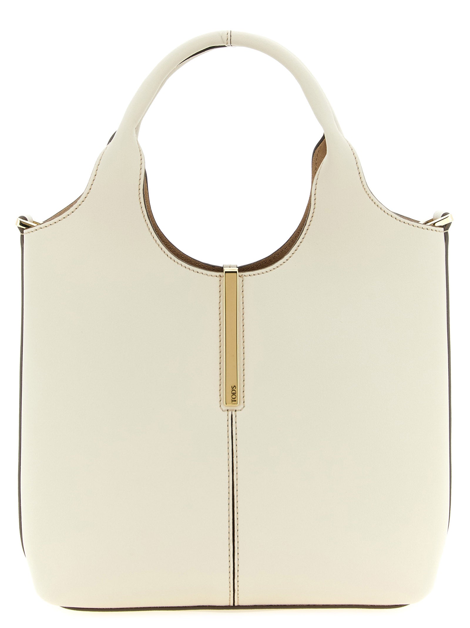 Mni Tote Bag by Tod's for women in suede calfskin leather cream, gold & white features an utilitarian-chic silhouette, showcasing the Suede Calfskin Leather Mni Tote Bag design with a secure hook, ample , and versatile shoulder-strap, handle & adjustable-strap.