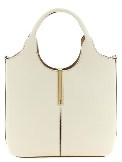 Mni Tote Bag by Tod's for women in suede calfskin leather cream, gold & white features an utilitarian-chic silhouette, showcasing the Suede Calfskin Leather Mni Tote Bag design with a secure hook, ample , and versatile shoulder-strap, handle & adjustable-strap.