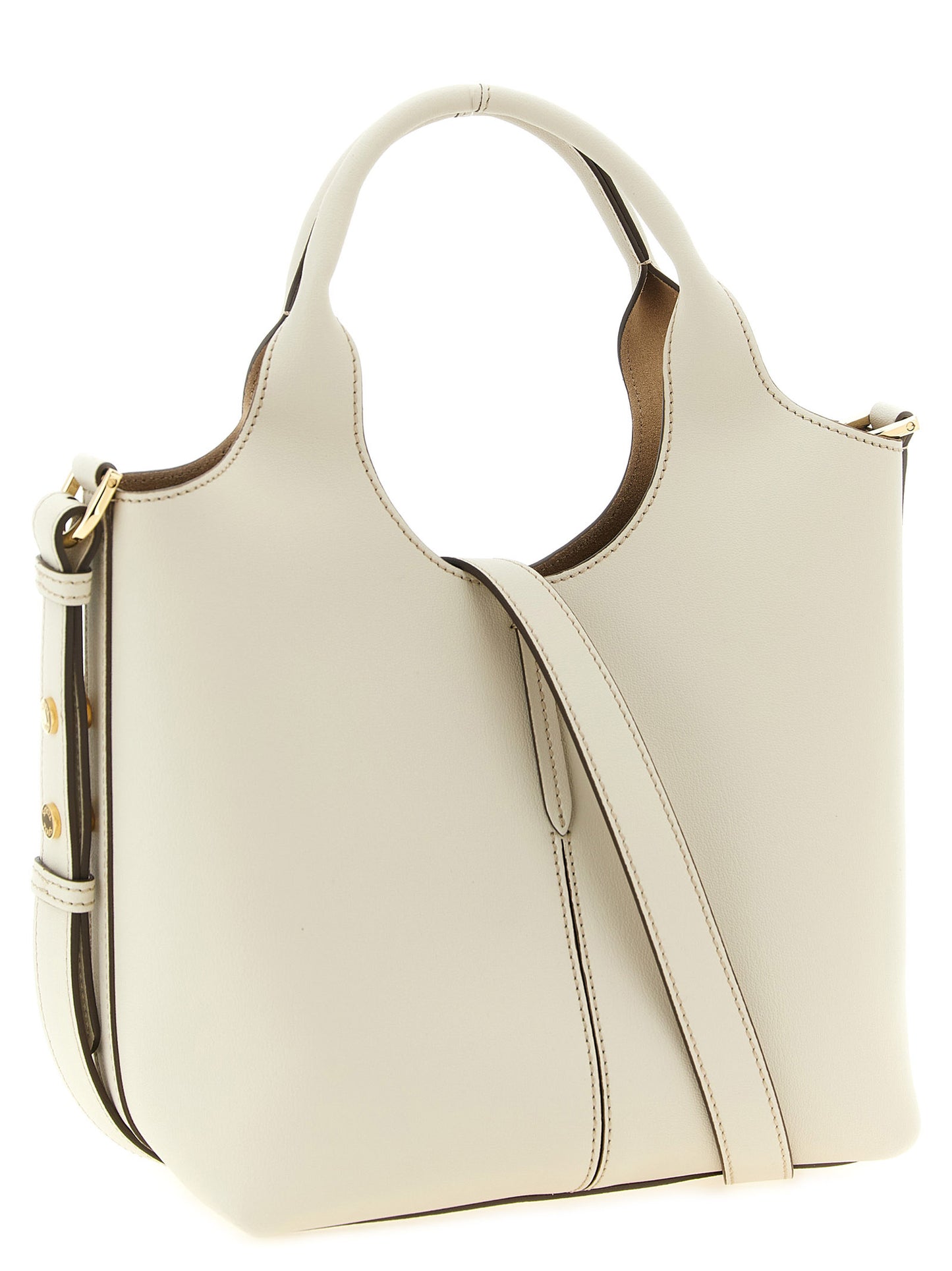 Mni Tote Bag by Tod's for women in suede calfskin leather cream, gold & white features a distinguished Suede Calfskin Leather Mni Tote Bag design, complete with a secure hook, ample , and versatile shoulder-strap, handle & adjustable-strap for a distinguished look.