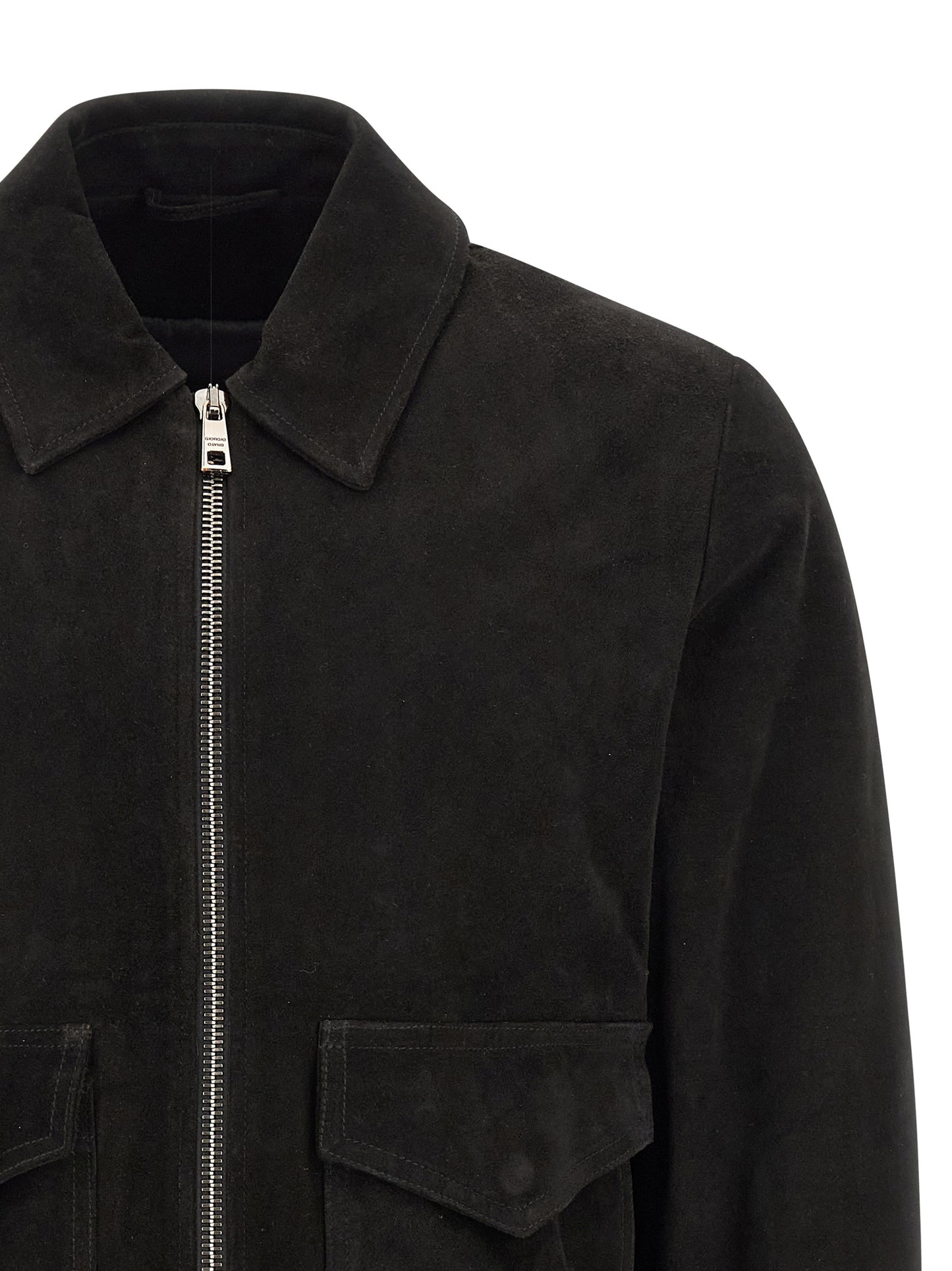 Jacket by GIORGIO BRATO for men in suede lamb leather black & silver showcases a enveloping silhouette, artfully detailed with a enveloping shirt-collar neckline and premium pockets for a truly enveloping finish.