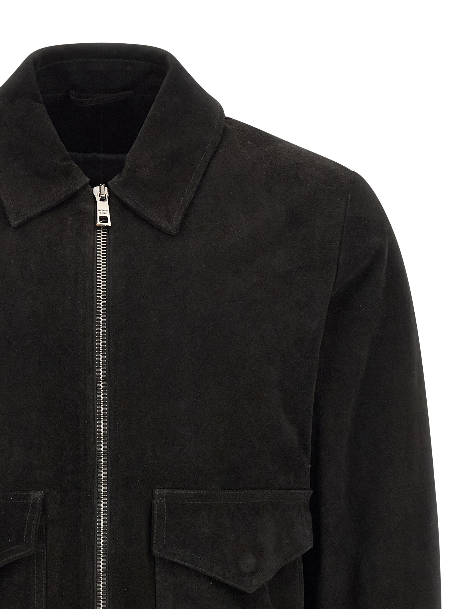 Jacket by GIORGIO BRATO for men in suede lamb leather black & silver showcases a enveloping silhouette, artfully detailed with a enveloping shirt-collar neckline and premium pockets for a truly enveloping finish.