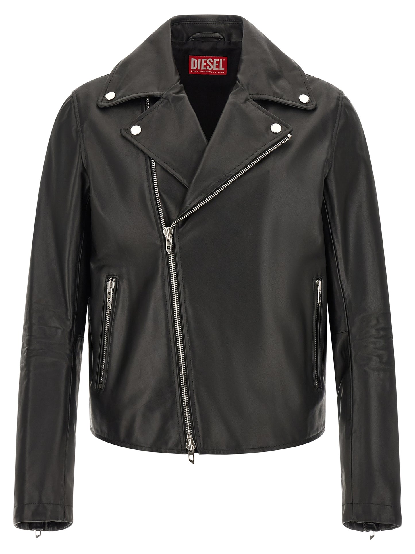 Jacket by Diesel for men in cowhide leather black & silver showcases a contemporary silhouette, detailed with a contemporary and premium pockets for a sophisticated finish.