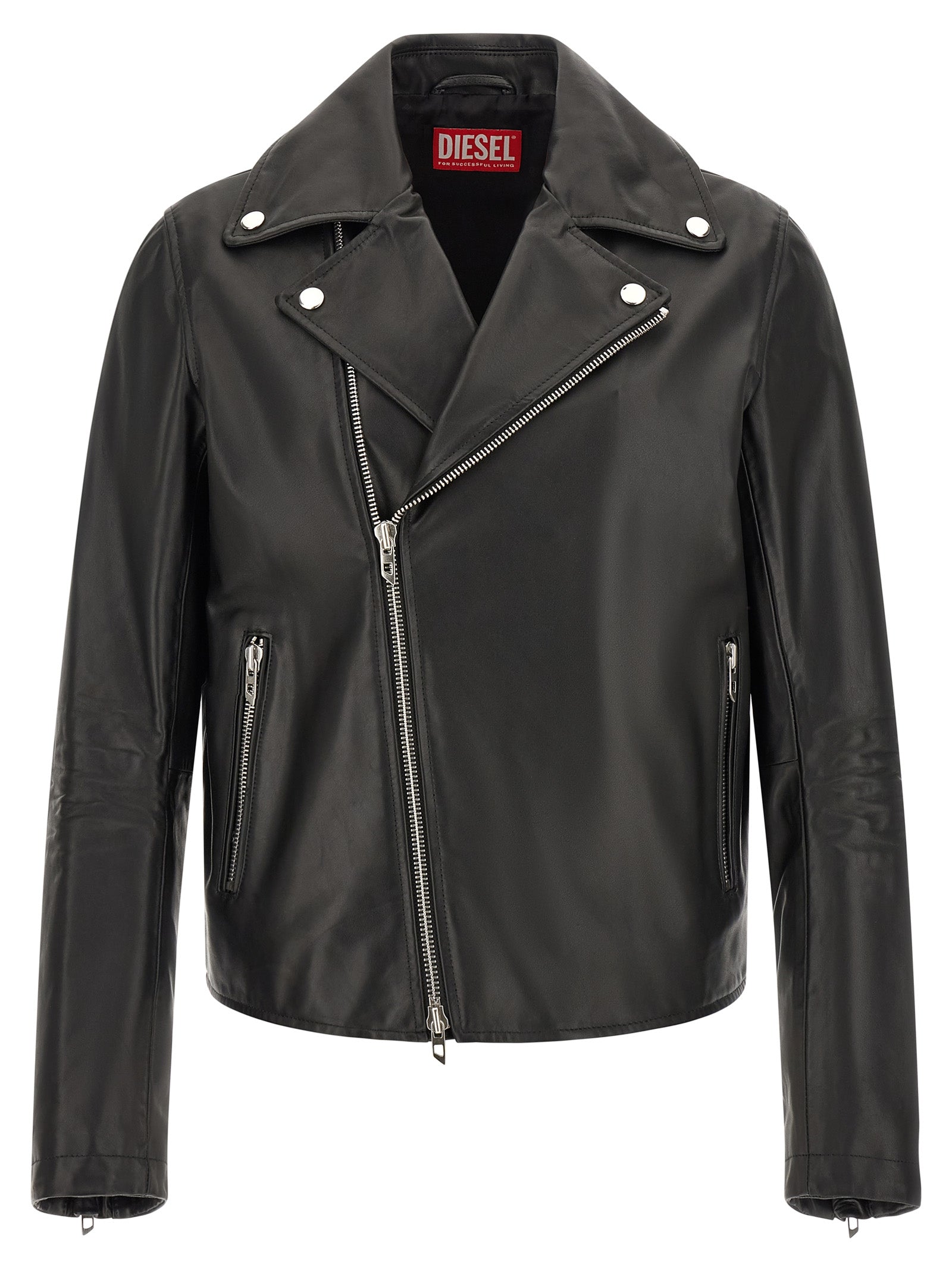 Jacket by Diesel for men in cowhide leather black & silver showcases a contemporary silhouette, detailed with a contemporary and premium pockets for a sophisticated finish.
