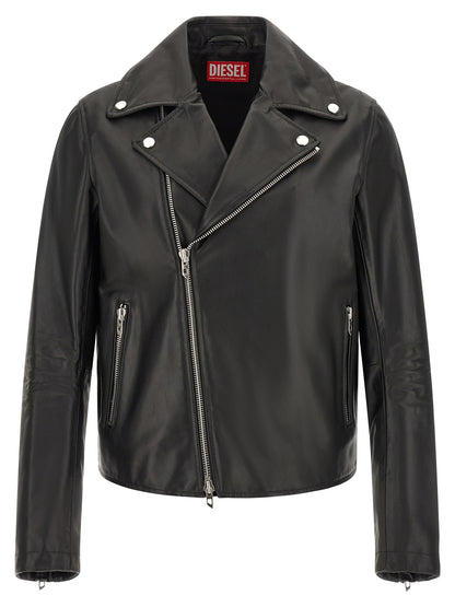 Jacket by Diesel for men in cowhide leather black & silver showcases a contemporary silhouette, detailed with a contemporary and premium pockets for a sophisticated finish.