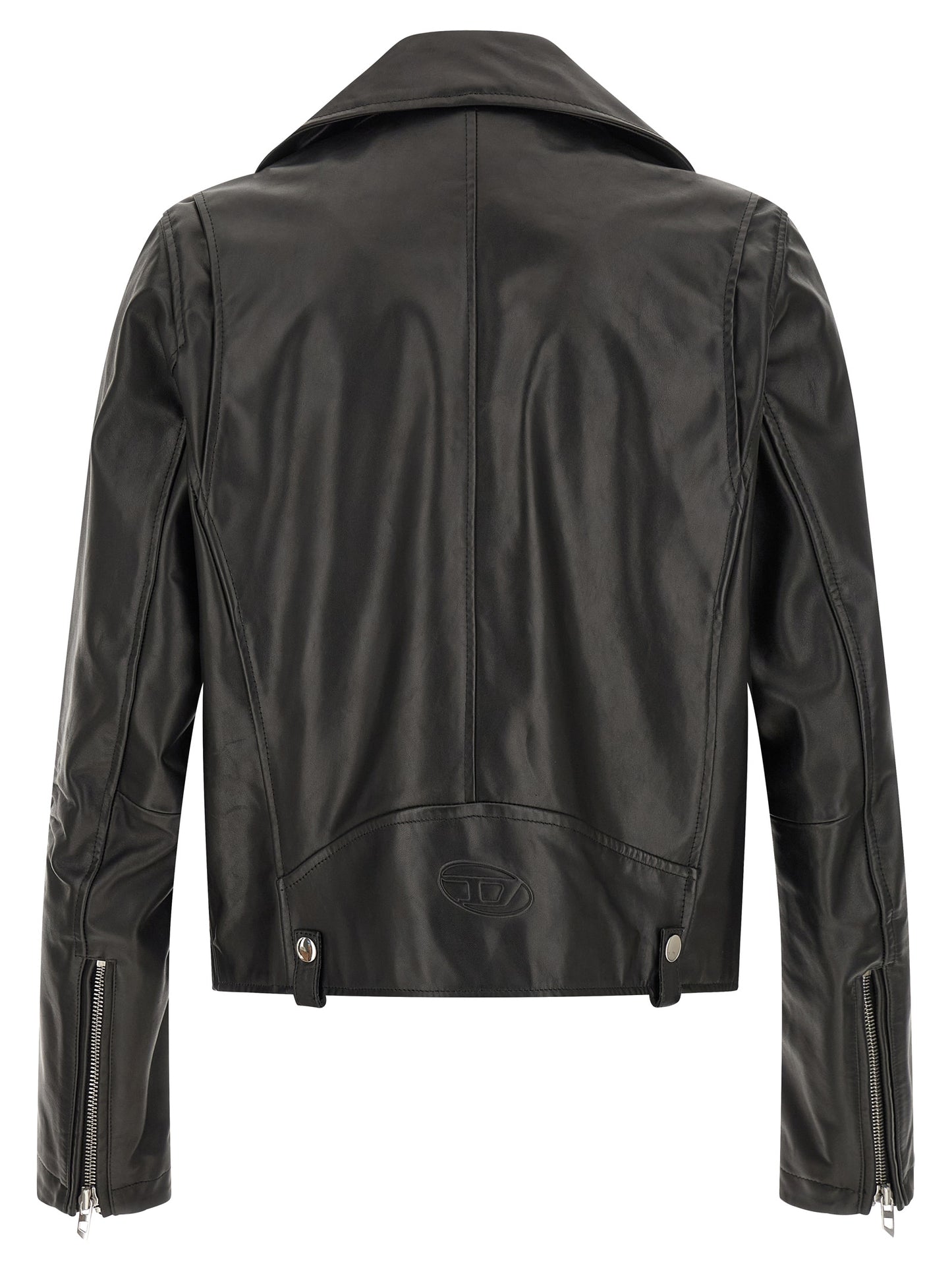 Jacket by Diesel for men in cowhide leather black & silver presents a impeccable silhouette, showcasing distinct pockets and a impeccable for a sophisticated finish.
