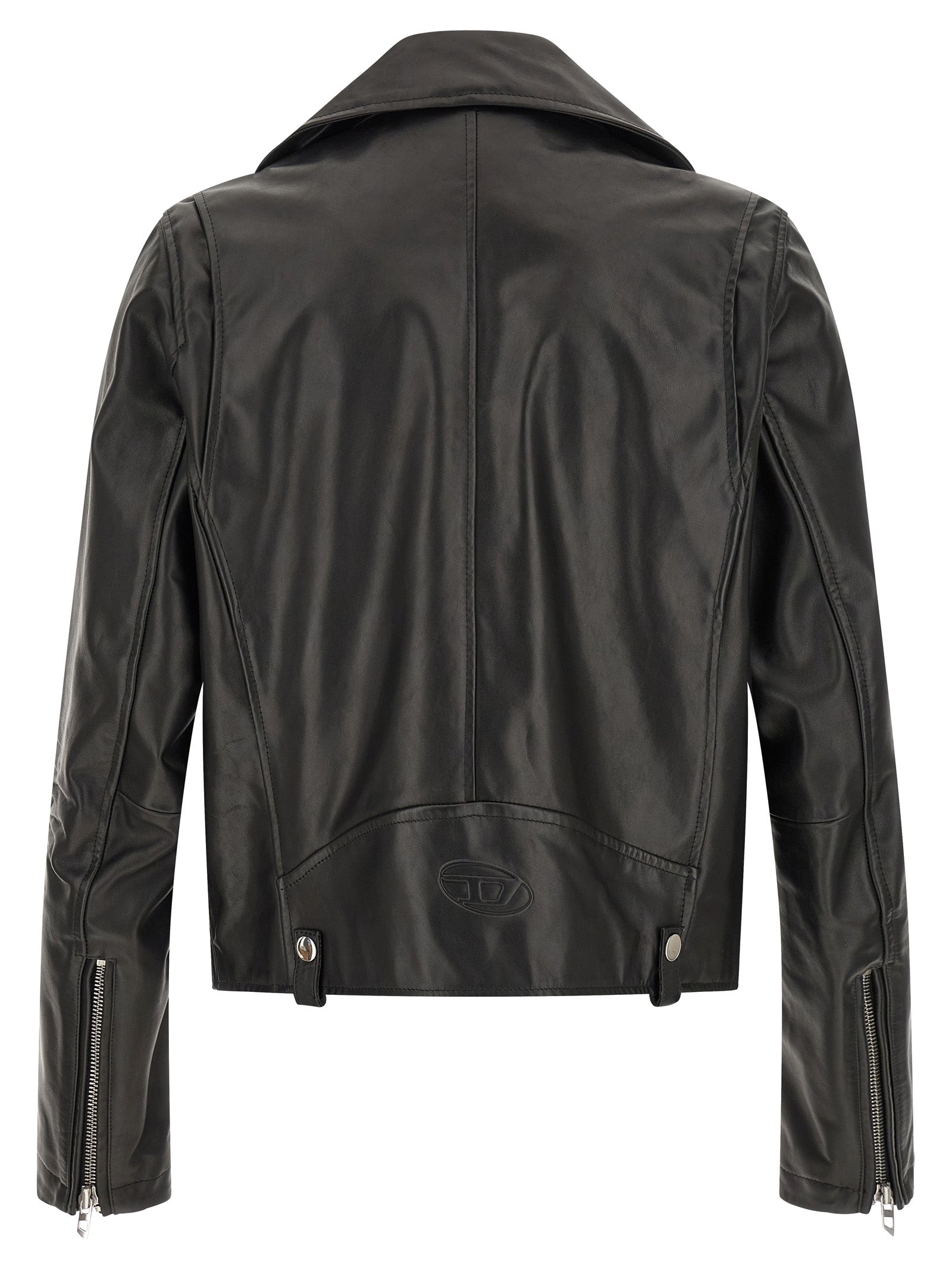 Jacket by Diesel for men in cowhide leather black & silver presents a impeccable silhouette, showcasing distinct pockets and a impeccable for a sophisticated finish.