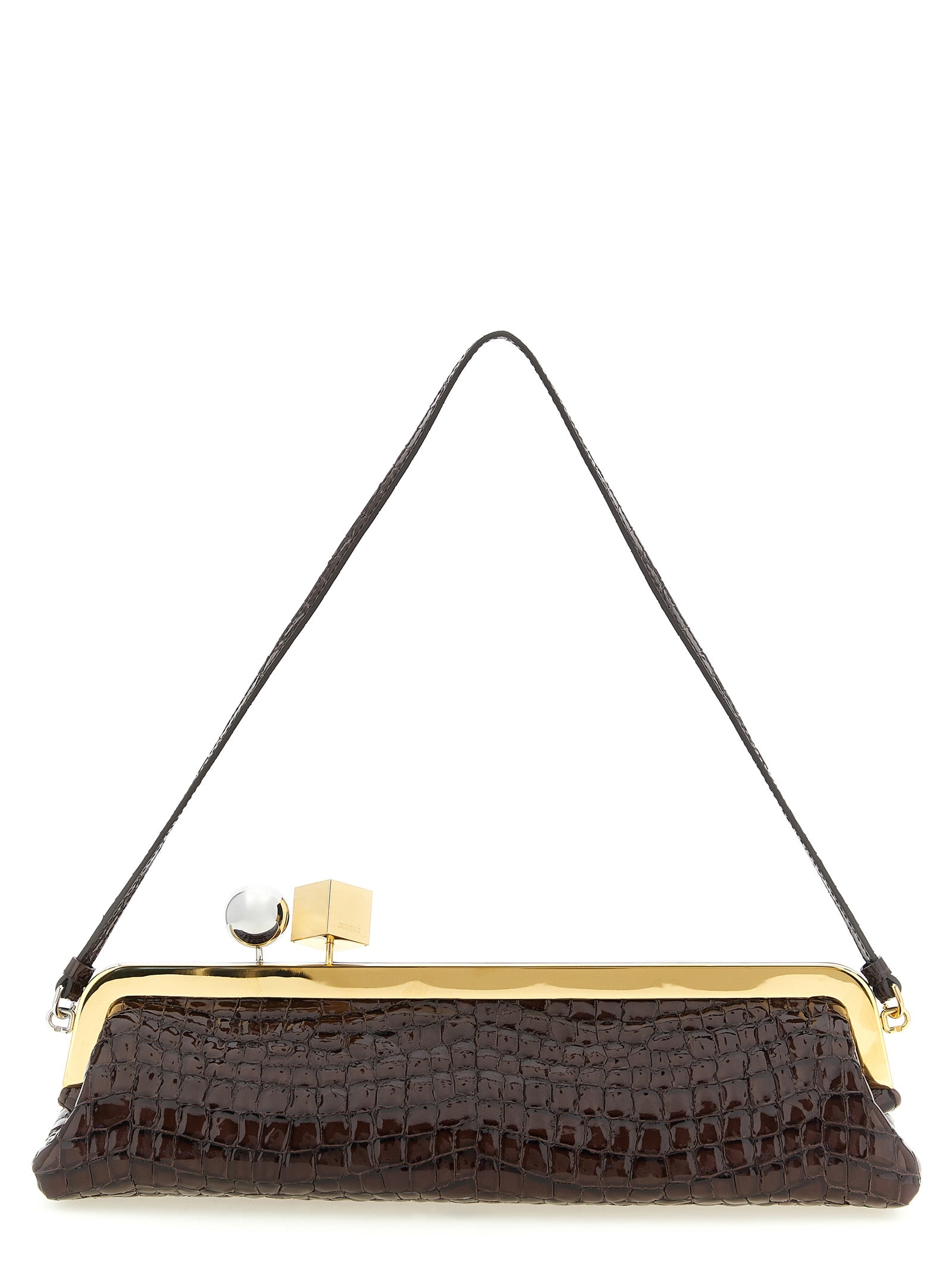 Evening Frame Clutch Handbag by Jacquemus for women in faux crocodile skin leather brown, gold & silver features a statuesque silhouette, showcasing a secure and organized with versatile handle for statuesque evening wear.