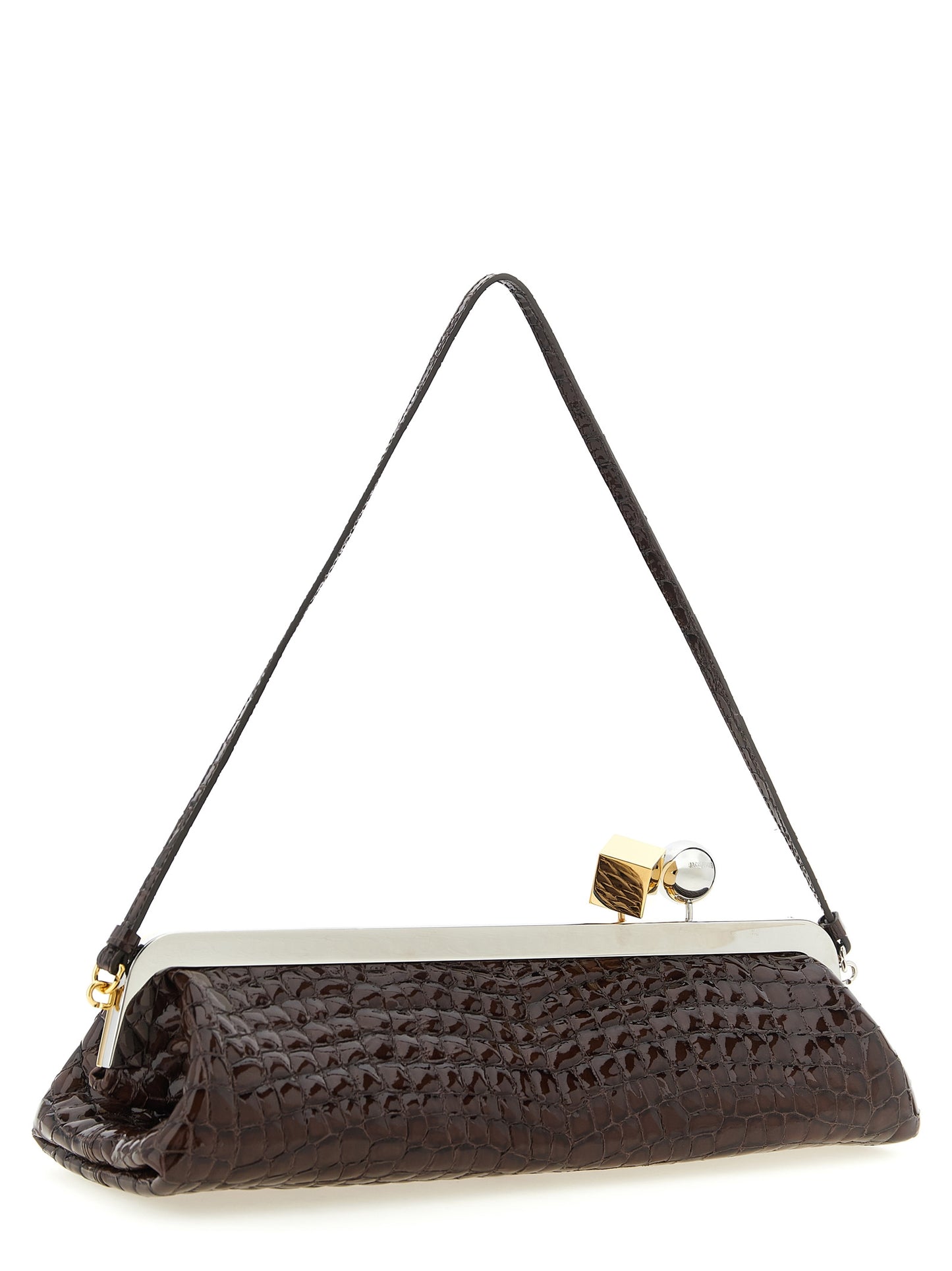 Evening Frame Clutch Handbag by Jacquemus for women in faux crocodile skin leather brown, gold & silver features a sculptural silhouette with a secure , ample , and versatile handle for a sculptural finish.