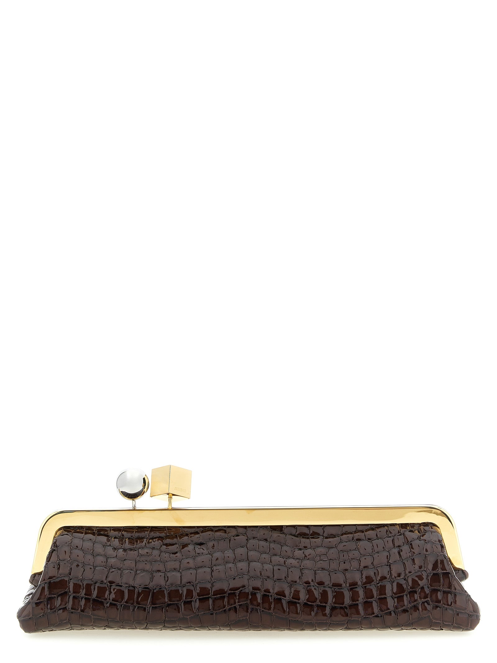 Evening Frame Clutch Handbag by Jacquemus for women in faux crocodile skin leather brown, gold & silver showcases a sculptural silhouette, featuring a secure , ample , and versatile handle for a sculptural aesthetic.