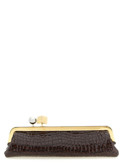 Evening Frame Clutch Handbag by Jacquemus for women in faux crocodile skin leather brown, gold & silver showcases a sculptural silhouette, featuring a secure , ample , and versatile handle for a sculptural aesthetic.