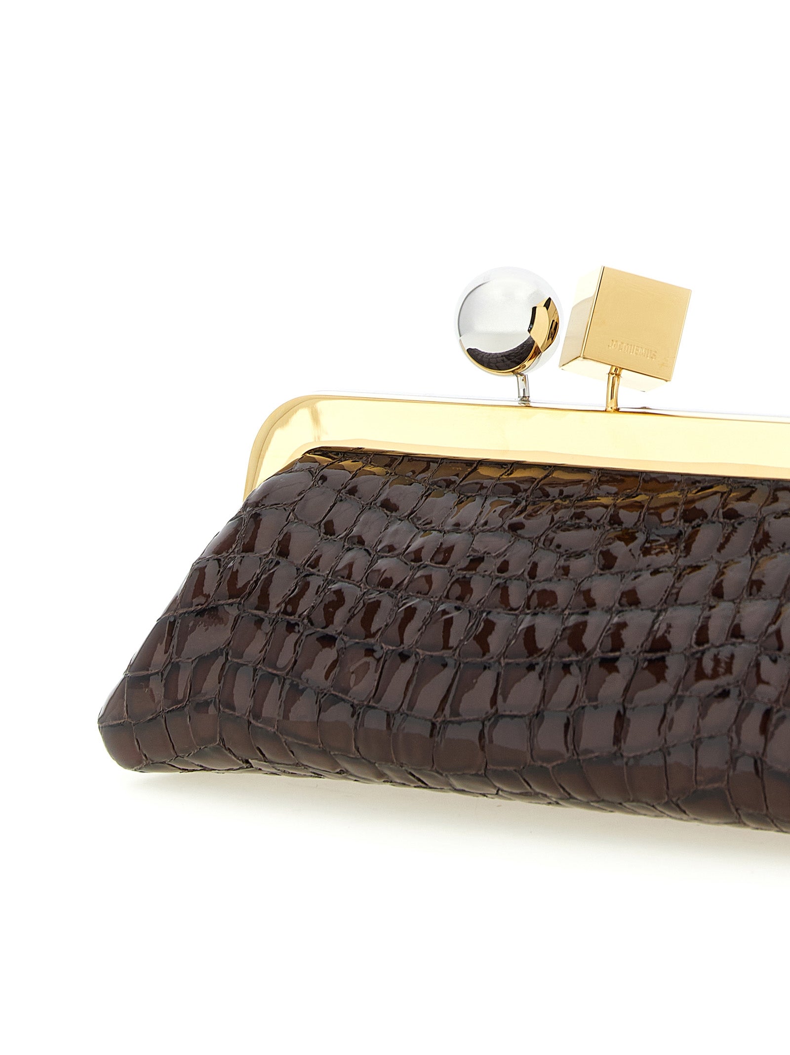 Evening Frame Clutch Handbag by Jacquemus for women in faux crocodile skin leather brown, gold & silver features a architectural silhouette, showcasing a secure , ample , and versatile handle for a architectural finish.