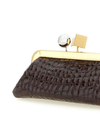 Evening Frame Clutch Handbag by Jacquemus for women in faux crocodile skin leather brown, gold & silver features a architectural silhouette, showcasing a secure , ample , and versatile handle for a architectural finish.