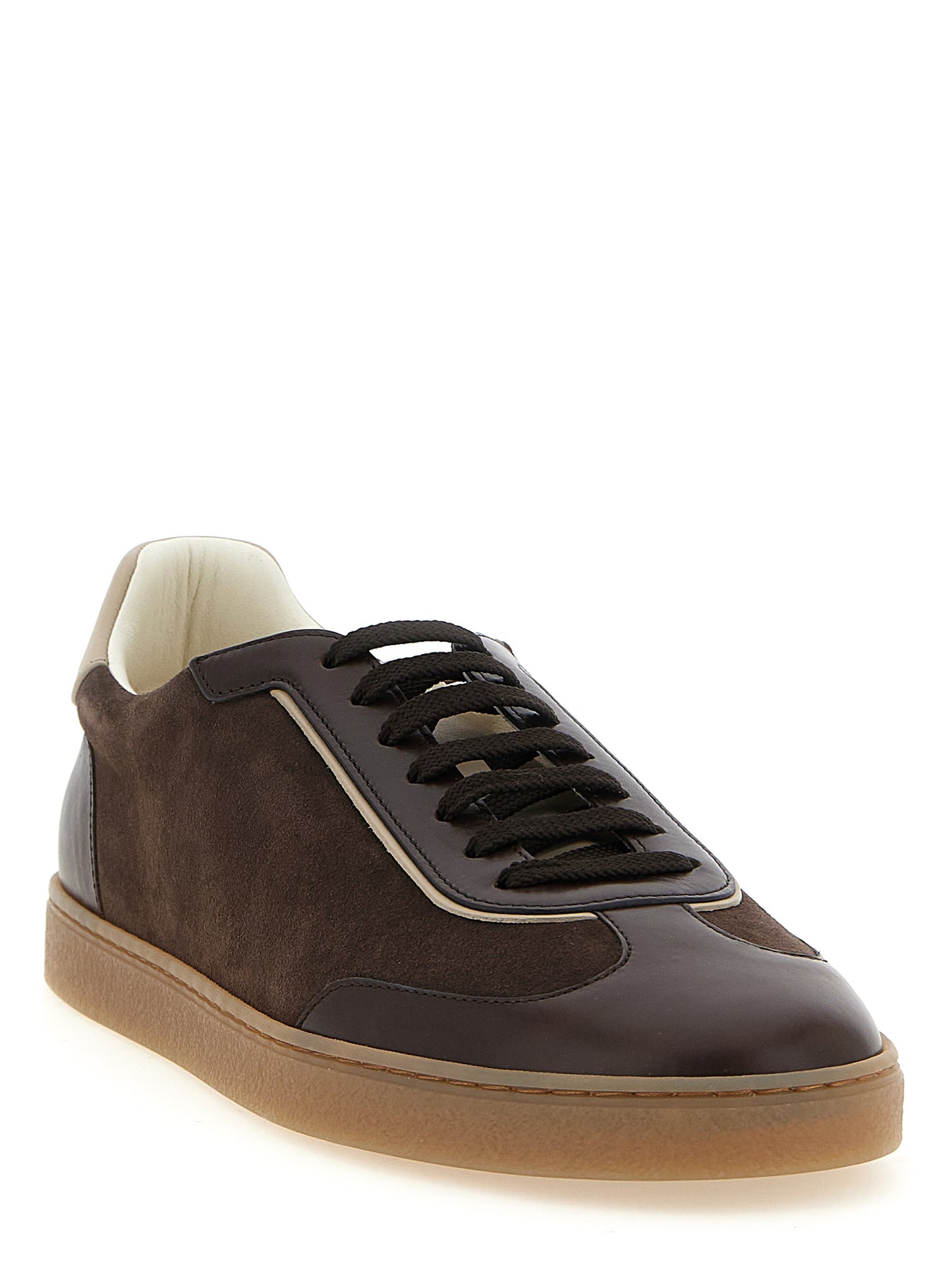 Sneakers by Brunello Cucinelli for men in bos taurus suede calfskin leather brown & natural features an fashionable silhouette, showcasing the premium Men's Low Top Bos Taurus Suede Calfskin Leather Sneakers in a fashionable low-top style that offers a fashionable finish for refined style.