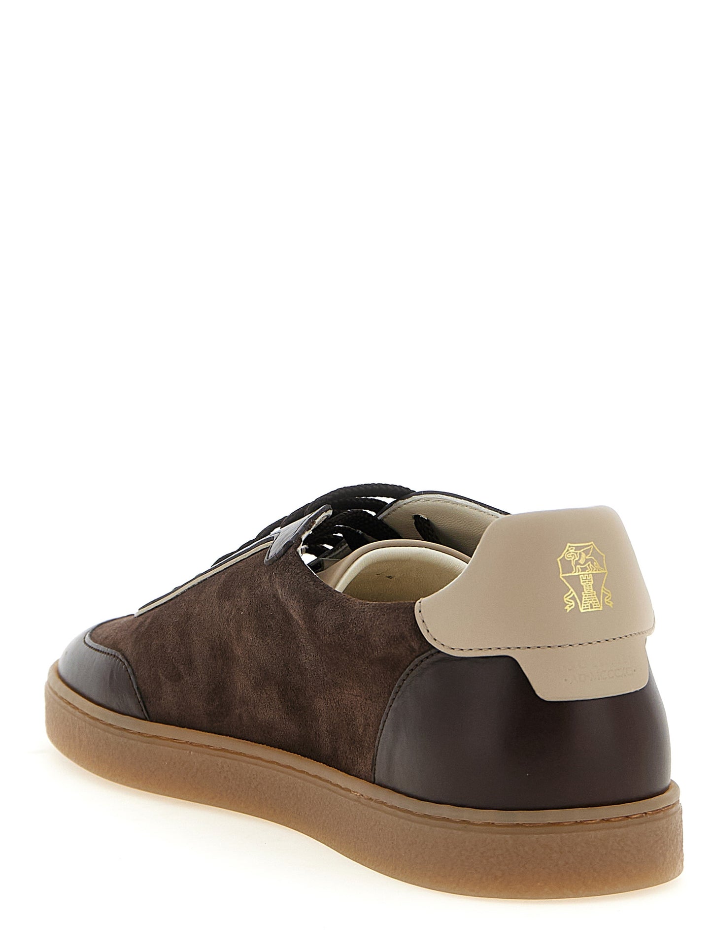 Sneakers by Brunello Cucinelli for men in bos taurus suede calfskin leather brown & natural presents a on trend silhouette from the Men's Low Top Bos Taurus Suede Calfskin Leather Sneakers collection, showcasing a on trend low-top style for an elevated aesthetic.