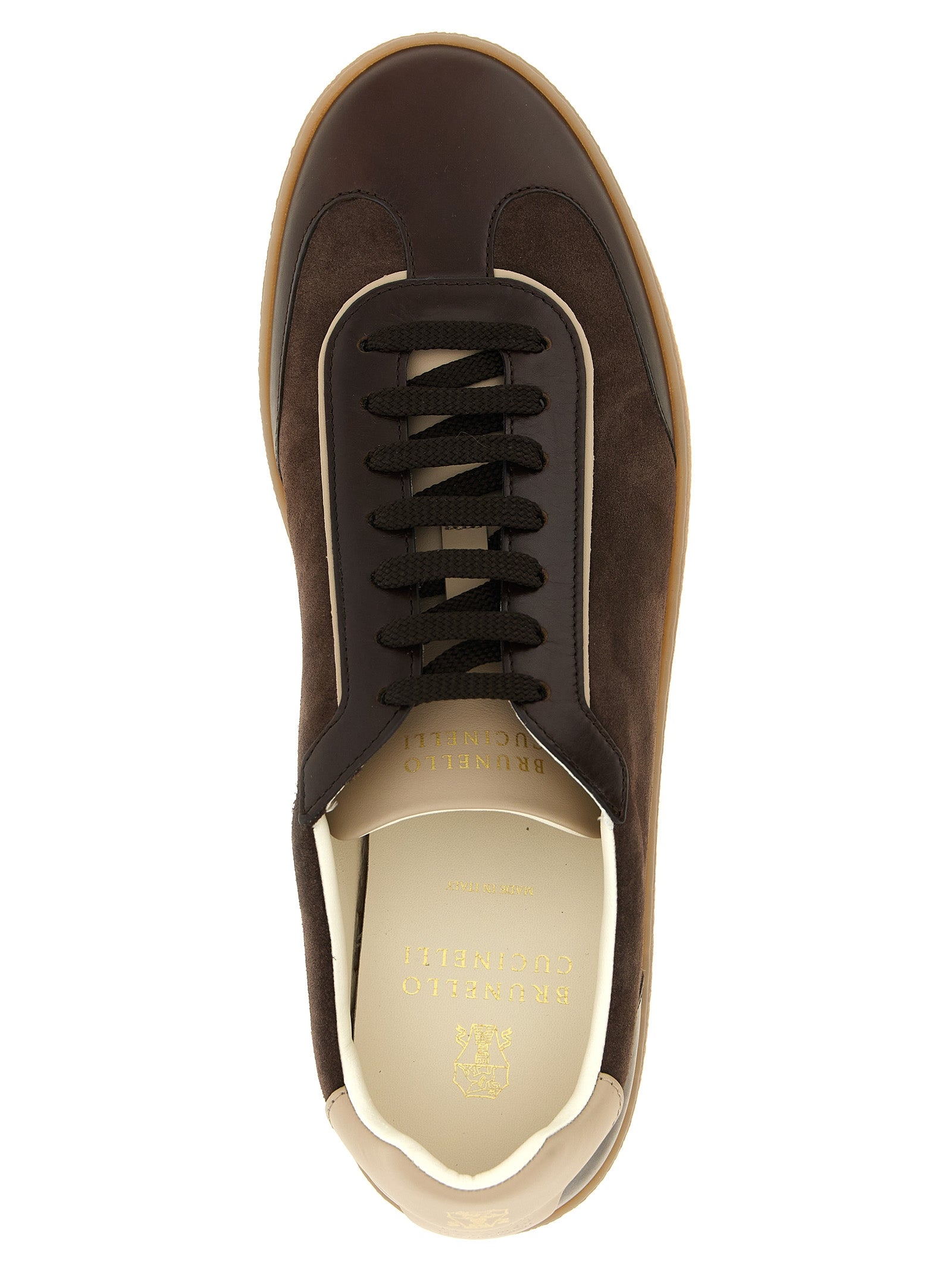 Sneakers by Brunello Cucinelli for men in bos taurus suede calfskin leather brown & natural features an versatile design from the Men's Low Top Bos Taurus Suede Calfskin Leather Sneakers collection, highlighting a versatile low-top style for a premium, high-fashion look.