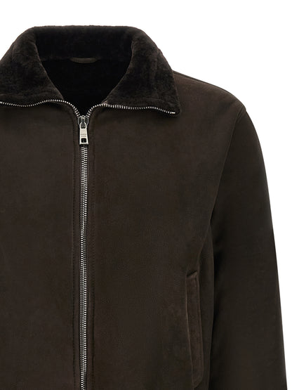 Bomber Jacket by GIORGIO BRATO for men in suede lambskin leather brown showcases a bohemian silhouette, artfully detailed with a bohemian and signature for a truly bohemian finish.