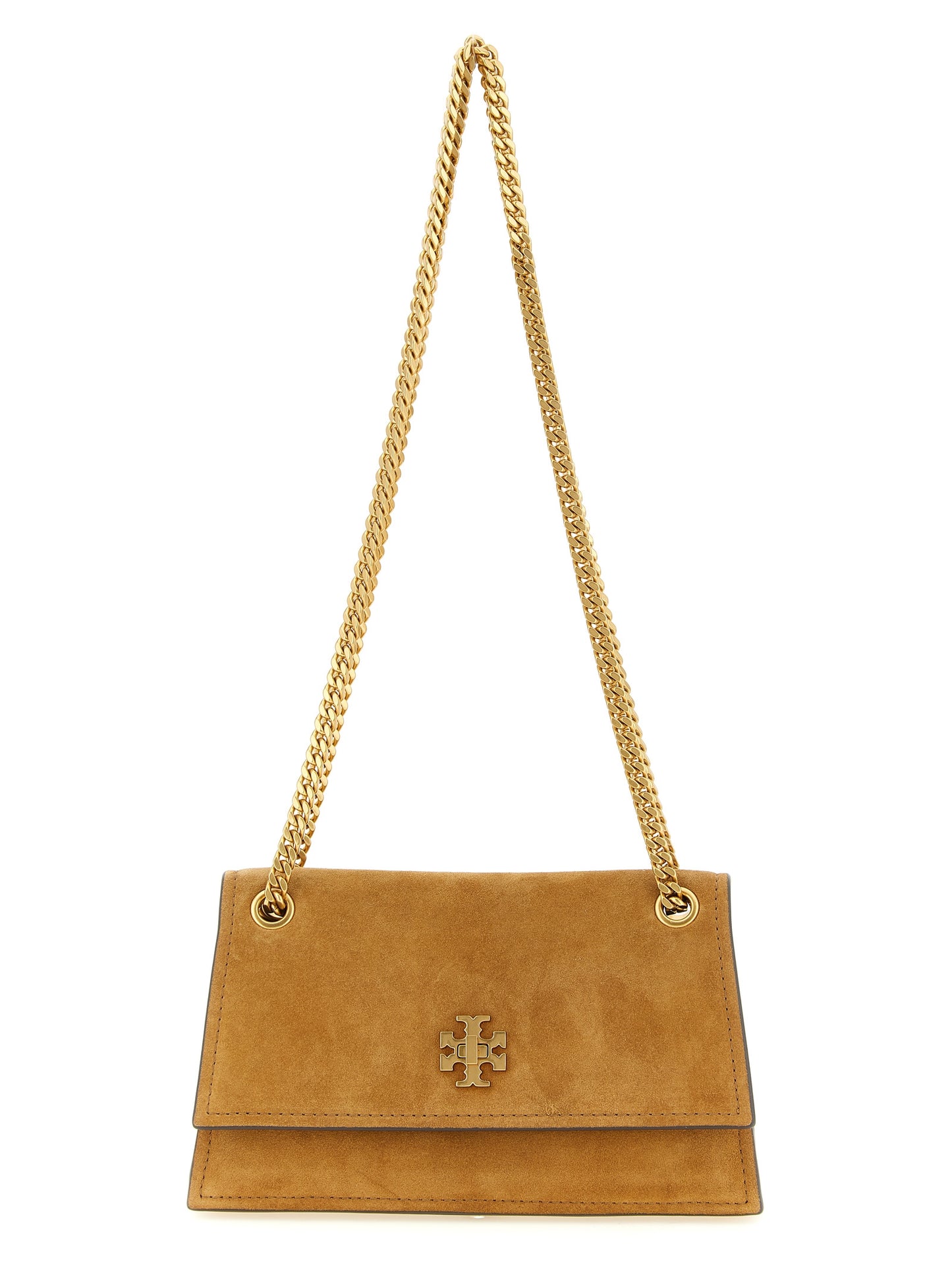 Mini Shoulder Bag by Tory Burch for women in suede calfskin leather brown & gold showcases a enviable silhouette, artfully detailed with a secure , organized , and versatile shoulder-strap for a enviable look.