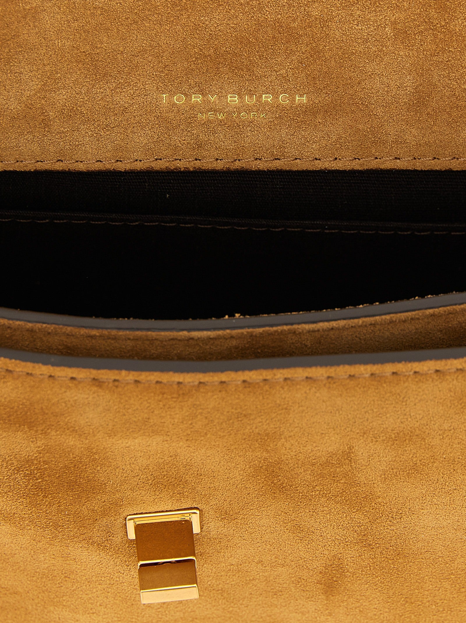 Mini Shoulder Bag by Tory Burch for women in suede calfskin leather brown & gold features a distinguished silhouette, showcasing a secure and distinguished with versatile shoulder-strap for a distinguished finish.