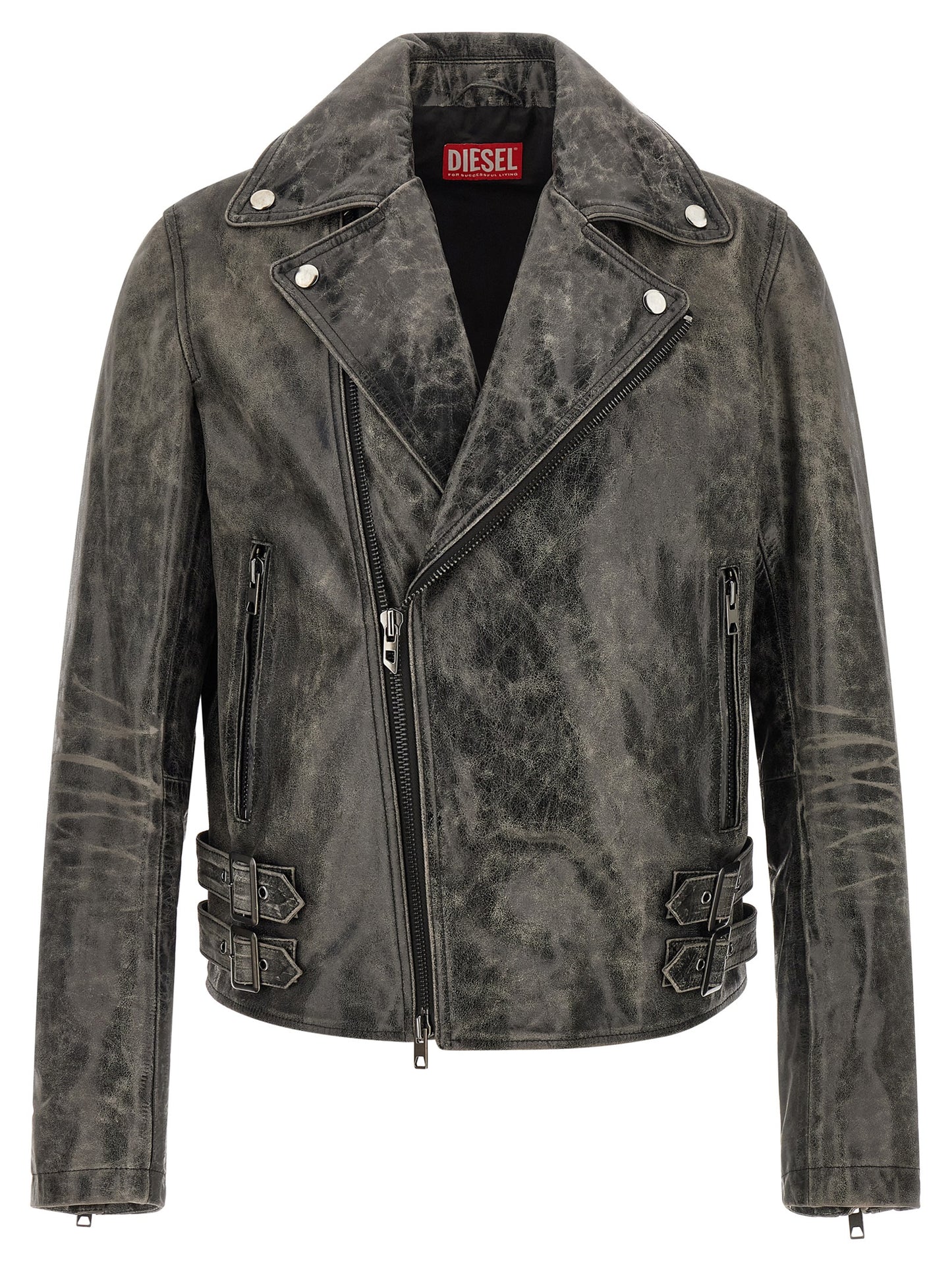 This Jacket by Diesel for men in bos taurus cowhide leather gray showcases a magnificent silhouette, meticulously crafted with a distinctive and functional for a magnificent finish.